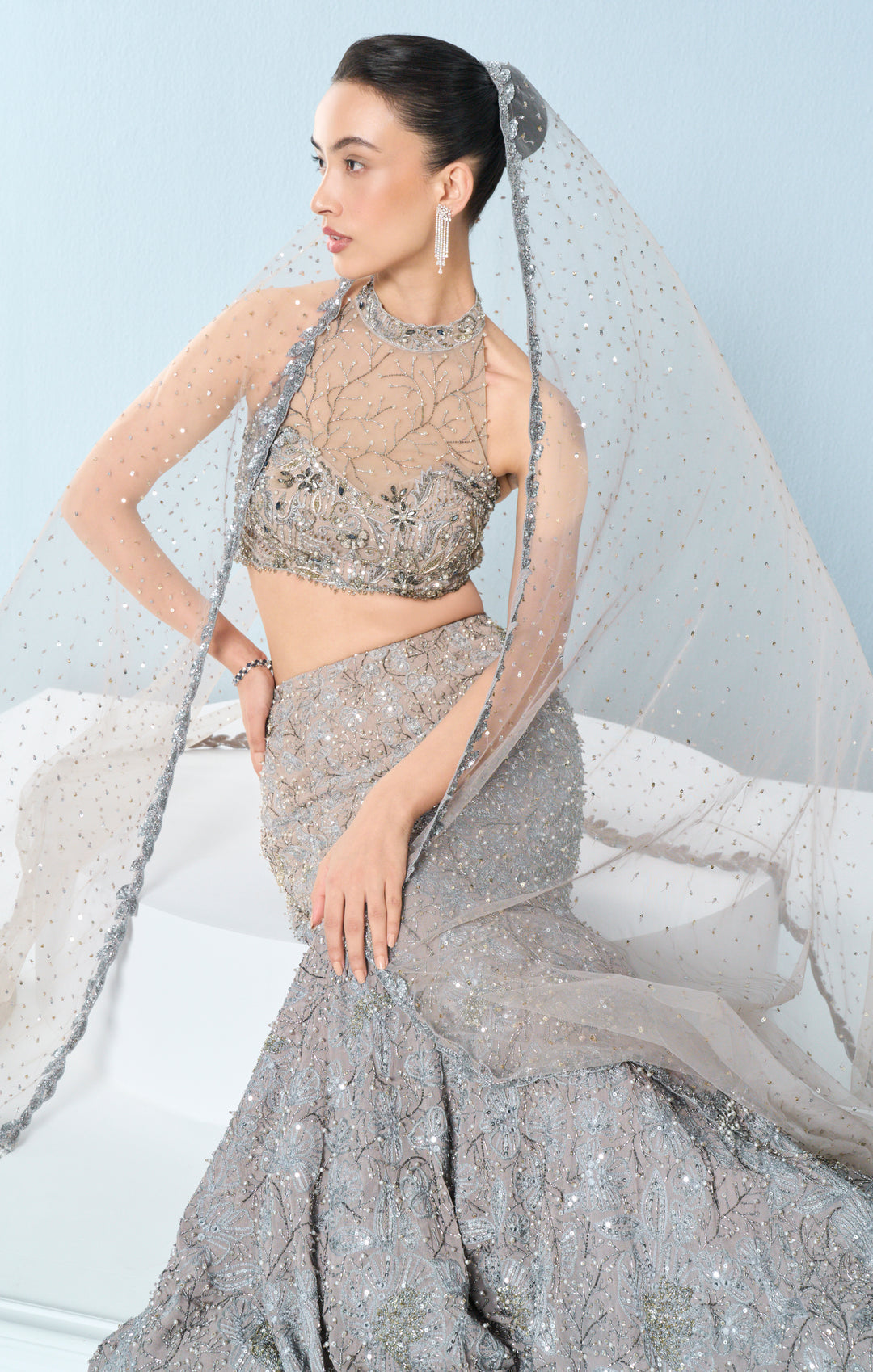 Grey Tulle Fit And Flare Lehenga Set