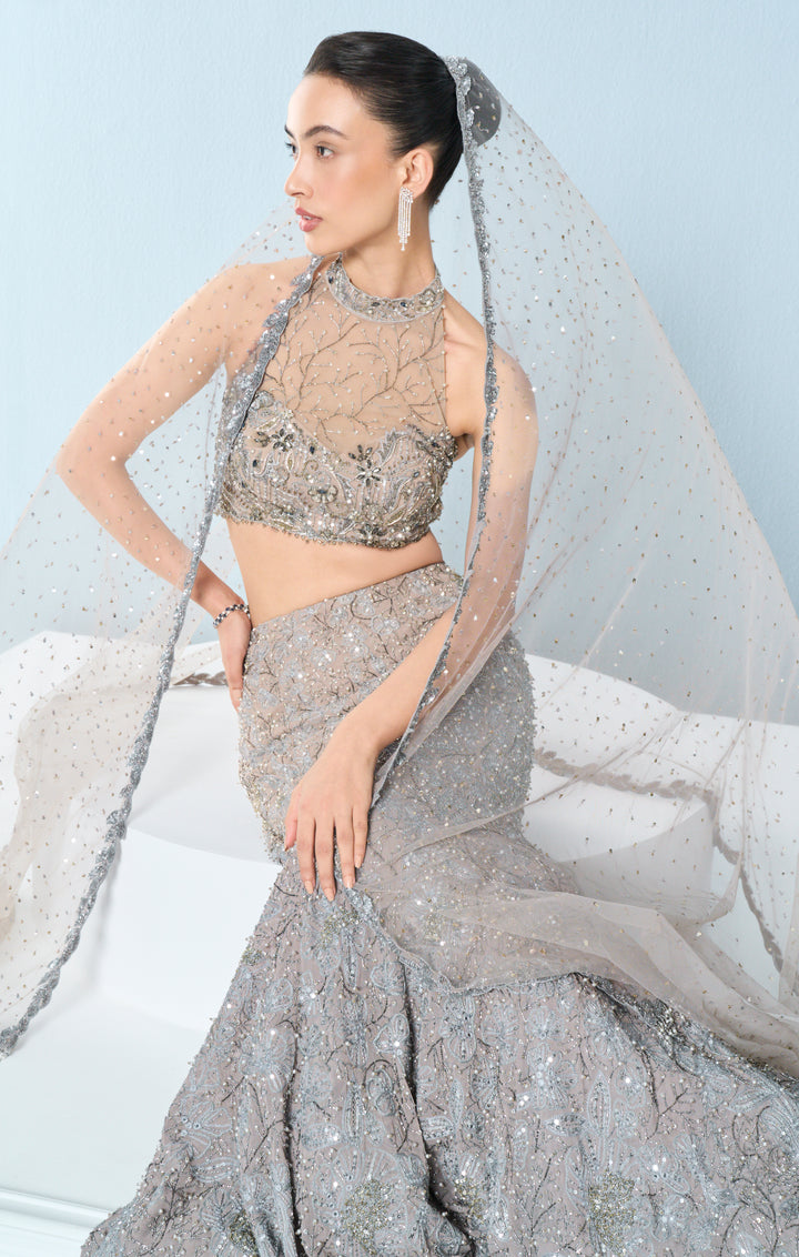Grey Tulle Fit And Flare Lehenga Set