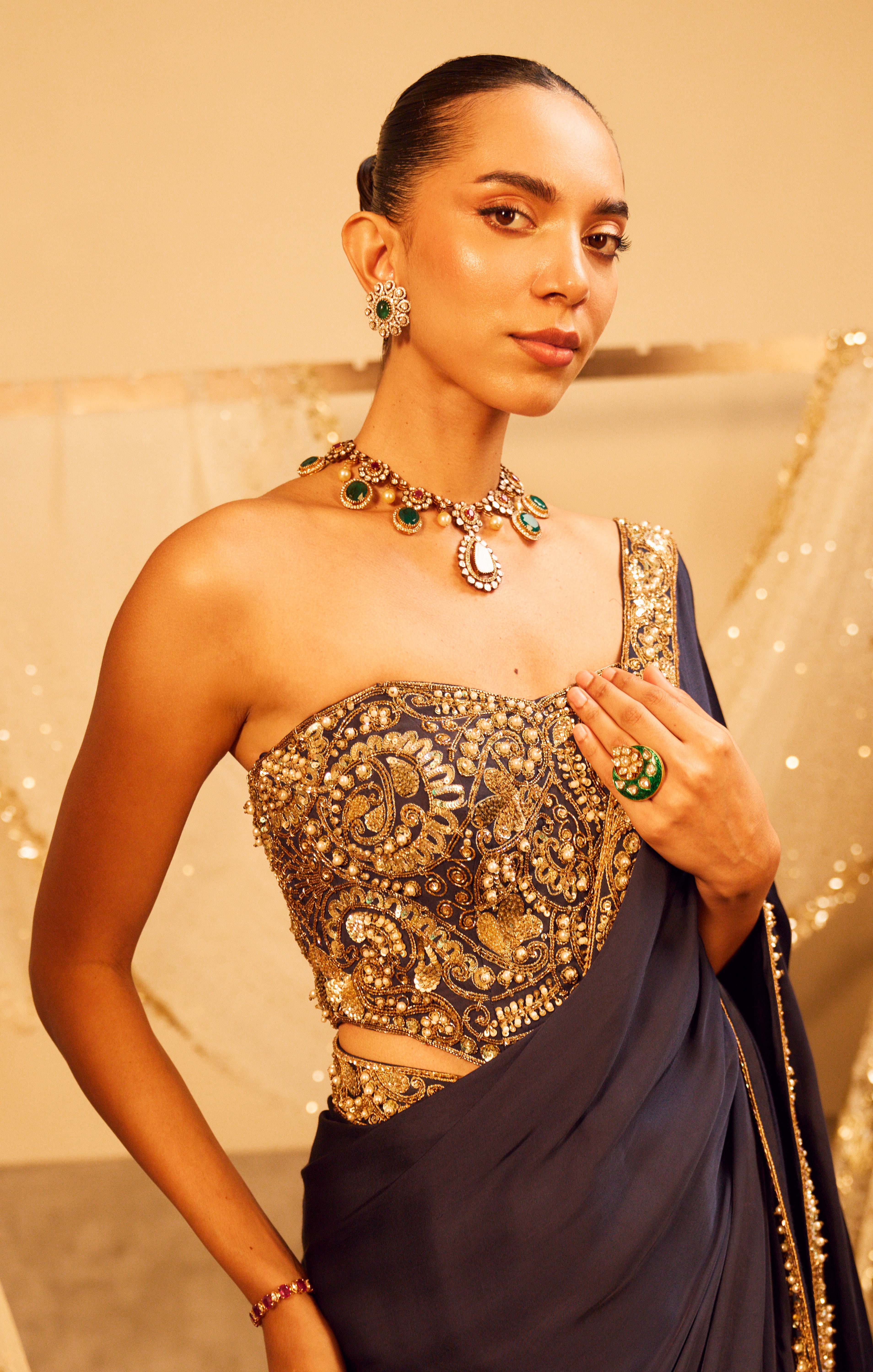 MIDNIGHT BLUE SATIN SAREE AND CORSET BLOUSE