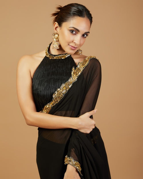 Kiara Advani in Pre-Drape Black And Gold Saree Set