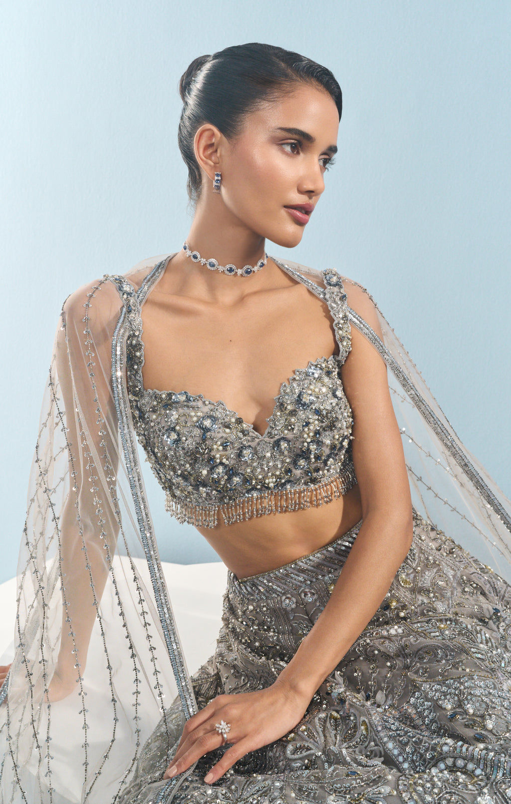 GREY TULLE LEHENGA SET