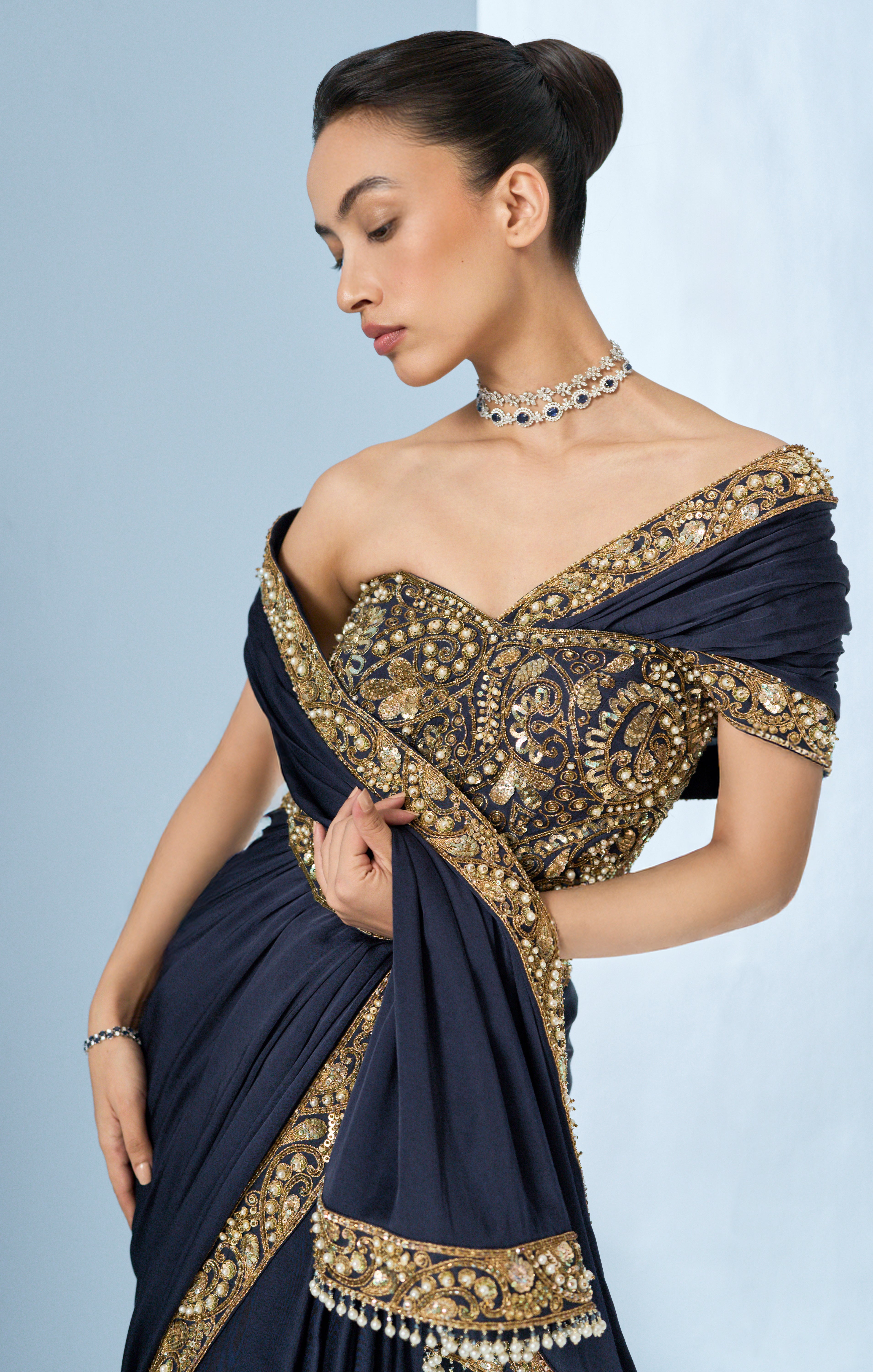MIDNIGHT BLUE SATIN SAREE AND CORSET BLOUSE