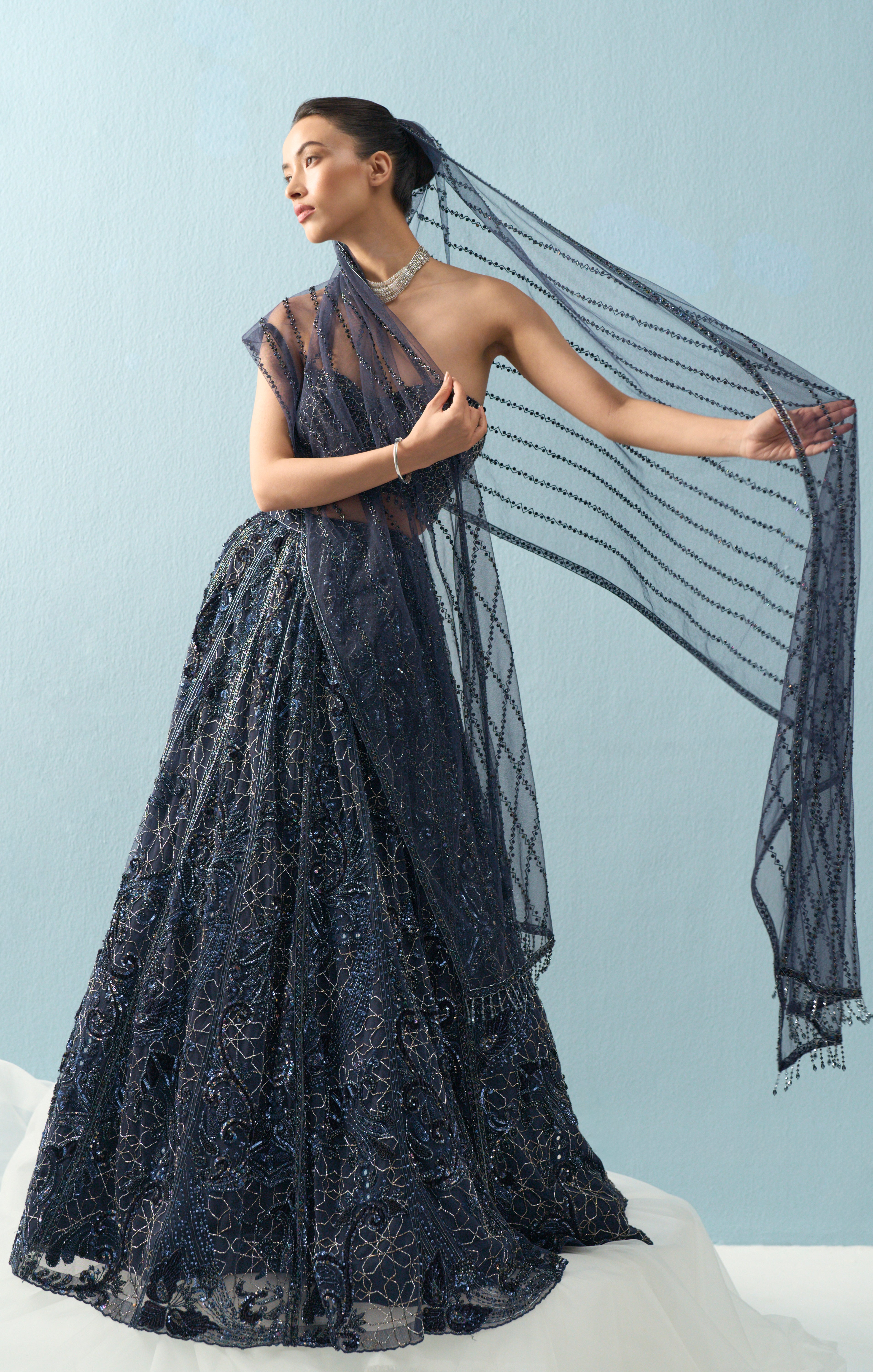 NAVY BLUE TULLE LEHENGA SET