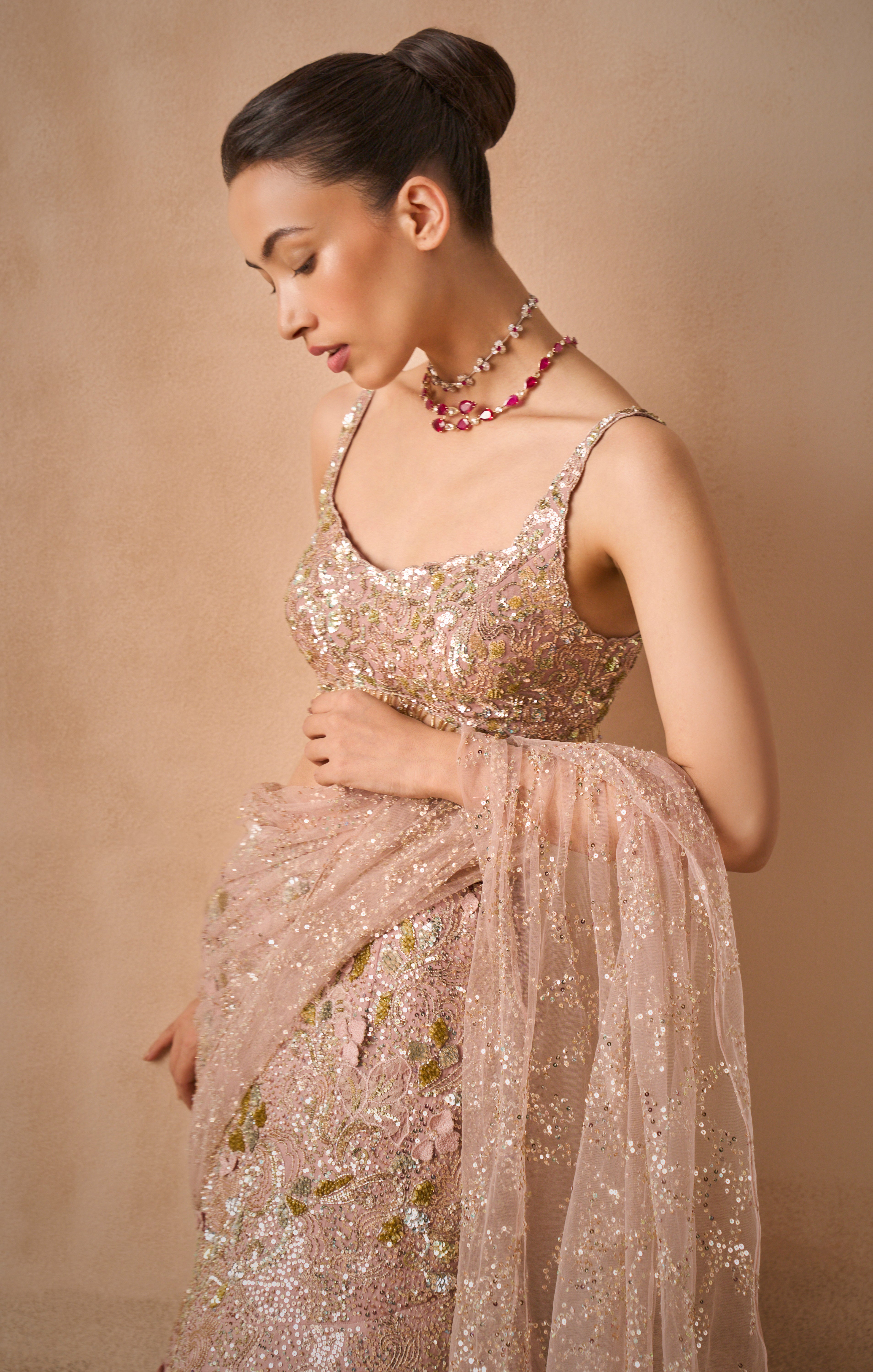 ROSE PINK GEORGETTE  SPARKLE DRAPE LEHENGA SET