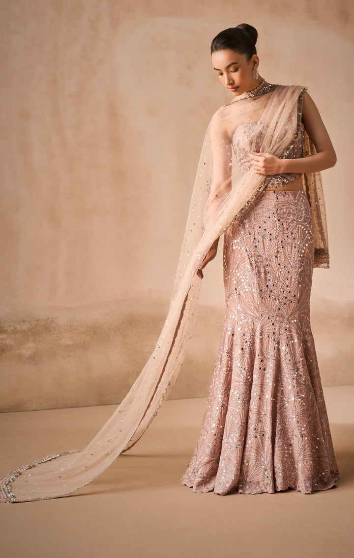Mauve Pink Georgette Fit and Flare Lehenga Set