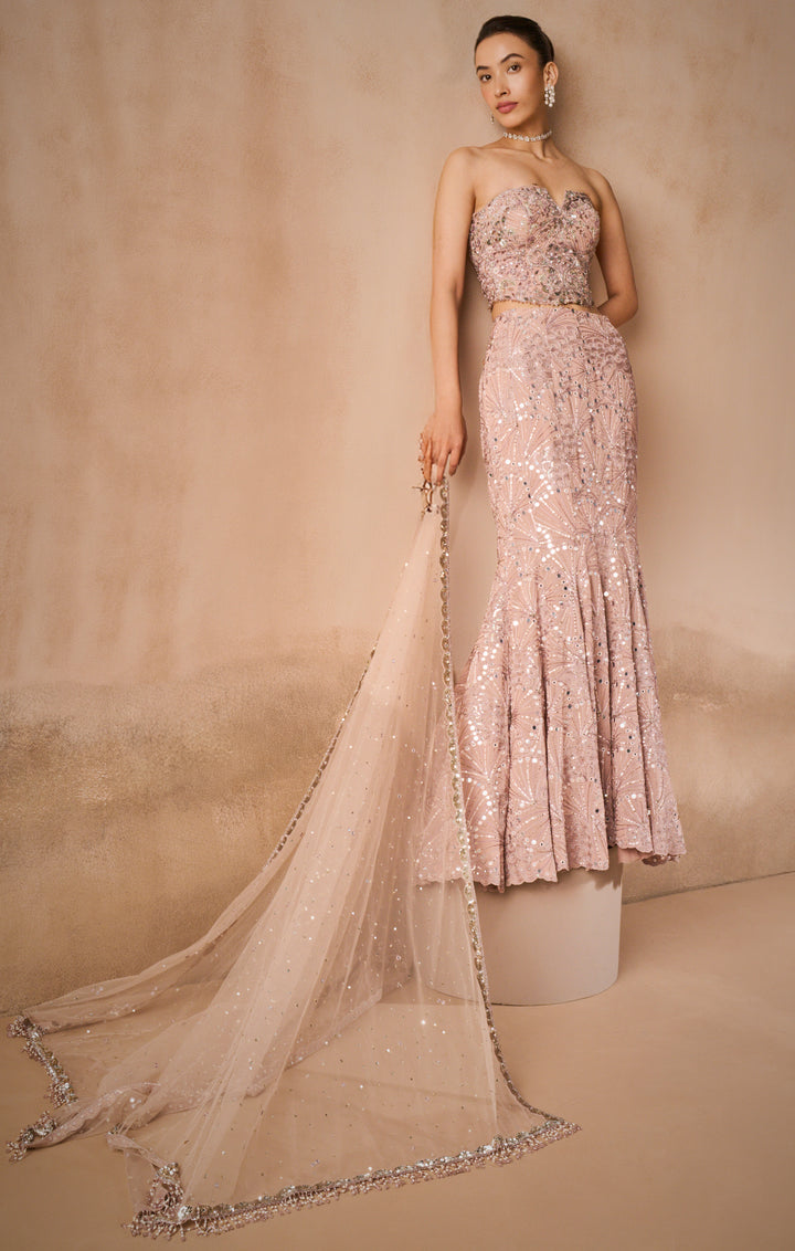 Mauve Pink Georgette Fit and Flare Lehenga Set
