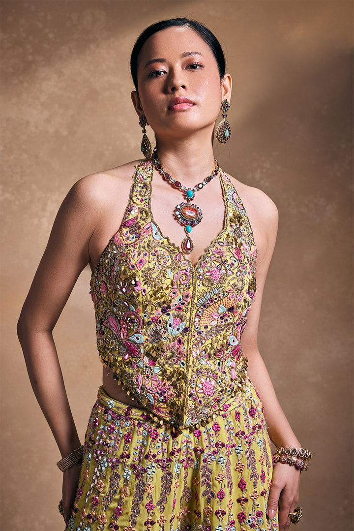 Yellow Georgette High Waist Sharara with Corset