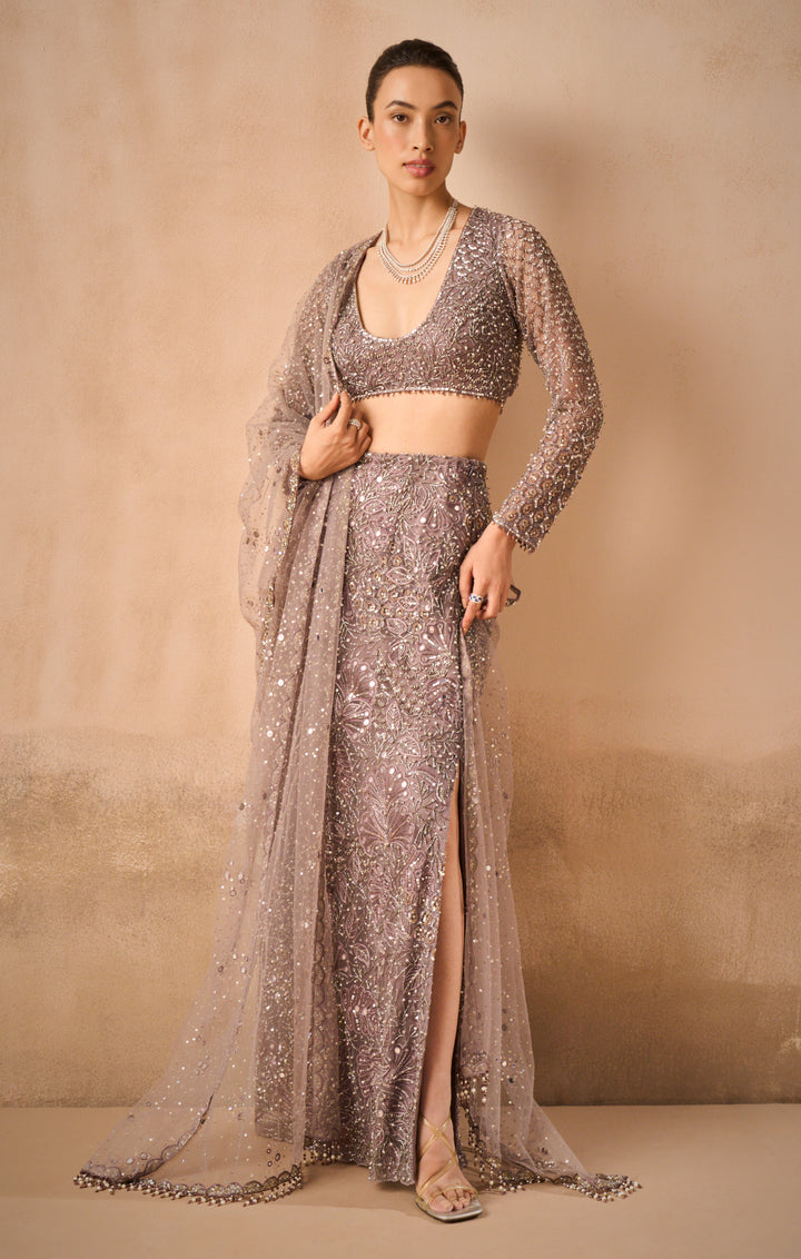 Lilac Tulle Straight Skirt With Slit