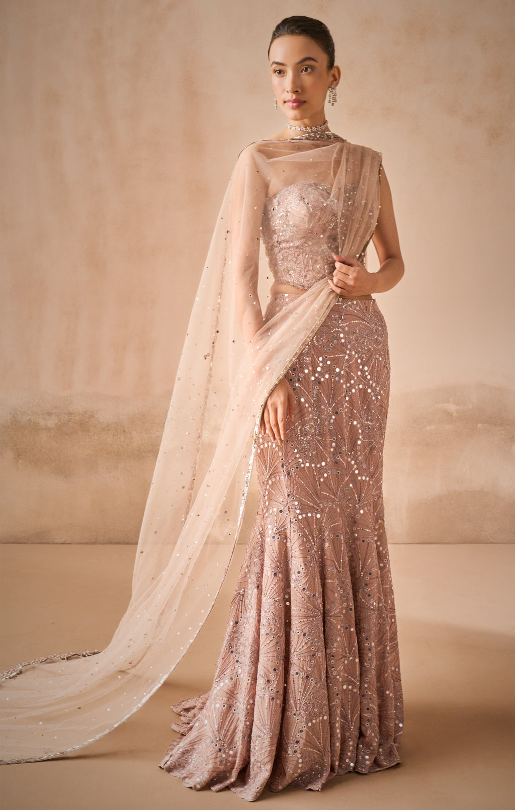 MAUVE PINK GEORGETTE FIT AND FLARE LEHENGA SET