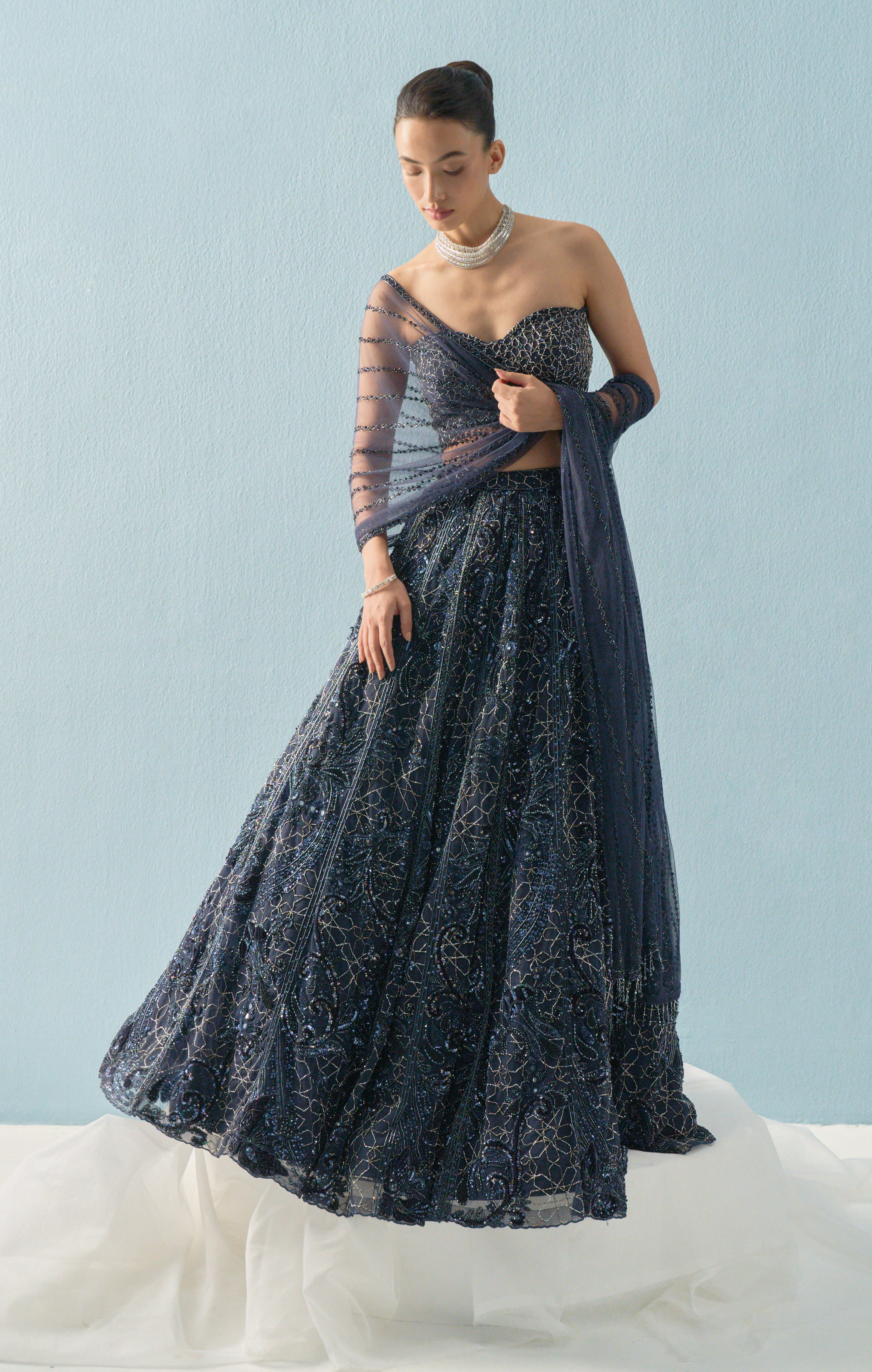 NAVY BLUE TULLE LEHENGA SET