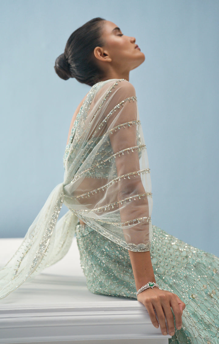 Aqua Blue Tulle Lehenga Set