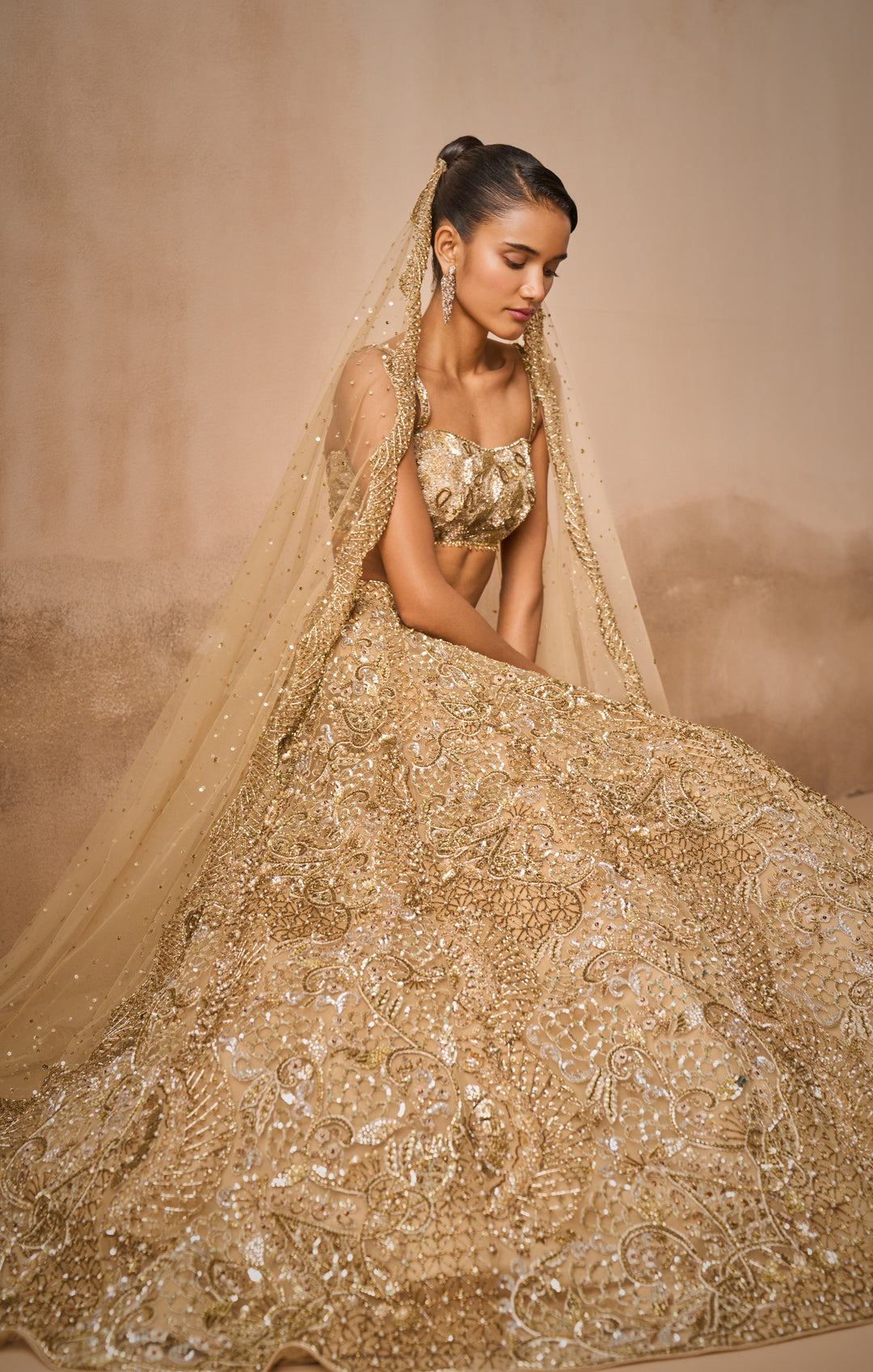 BEIGE GOLD TULLE SPARKLE LEHENGA SET