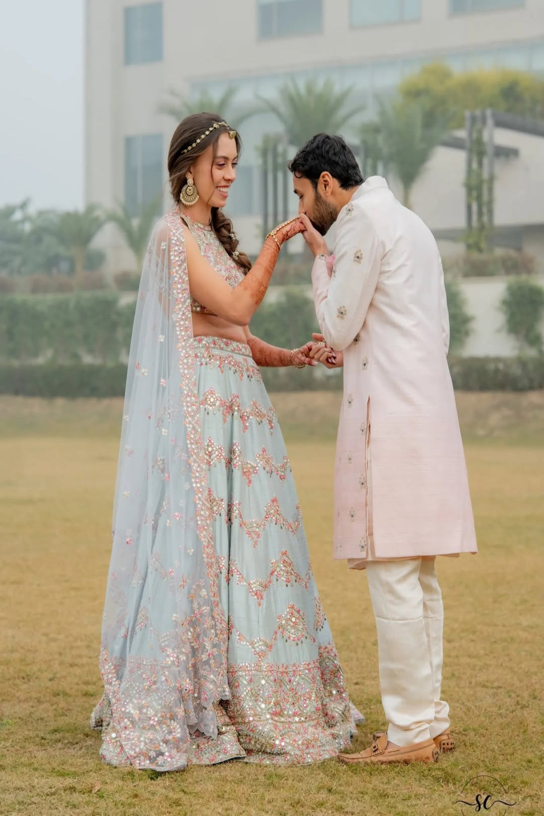 SARAH FELLAY IN OUR SERENADE ENGLISH BLUE MIRROR LEHENGA