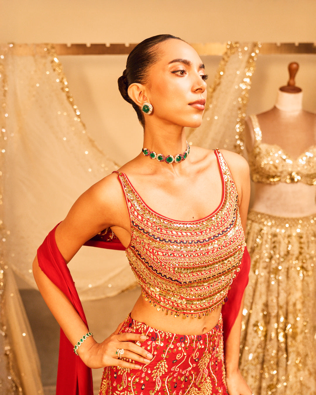 RED HIGH WAIST SHARARA SET WITH A DUPATTA