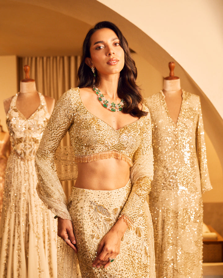 IVORY GEORGETTE FIT AND FLARE LEHENGA SET