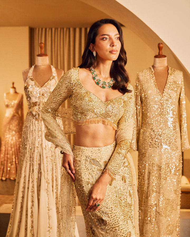 IVORY GEORGETTE FIT AND FLARE LEHENGA SET