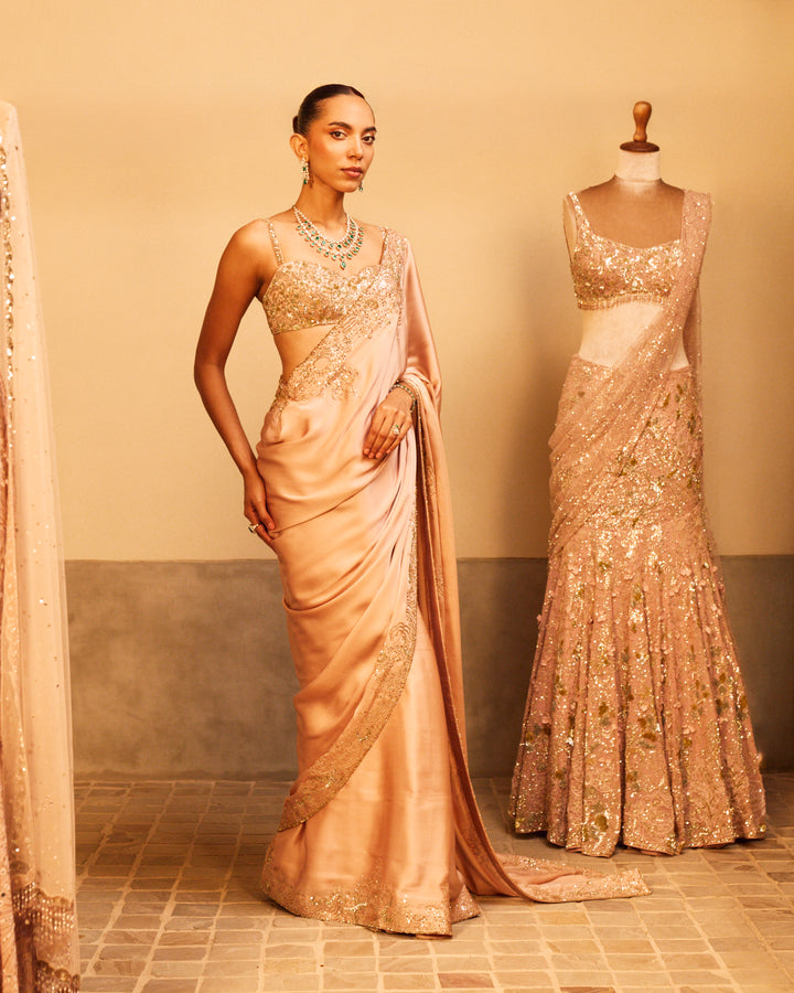 NUDE PINK SATIN SAREE SET