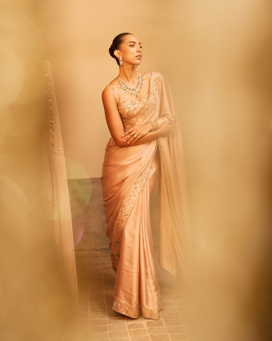 NUDE PINK SATIN SAREE SET