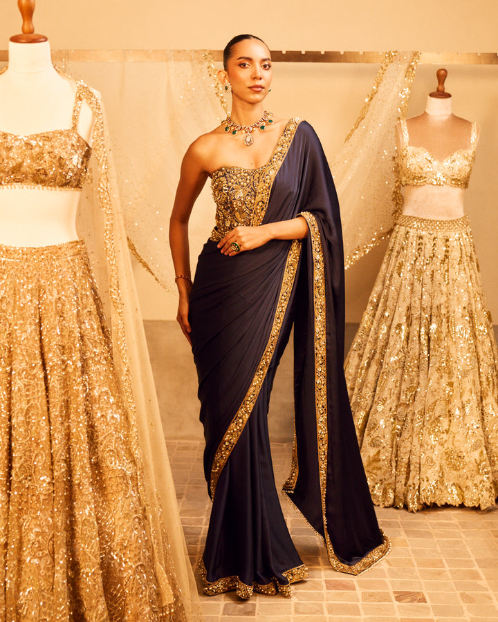 MIDNIGHT BLUE SATIN SAREE AND CORSET BLOUSE