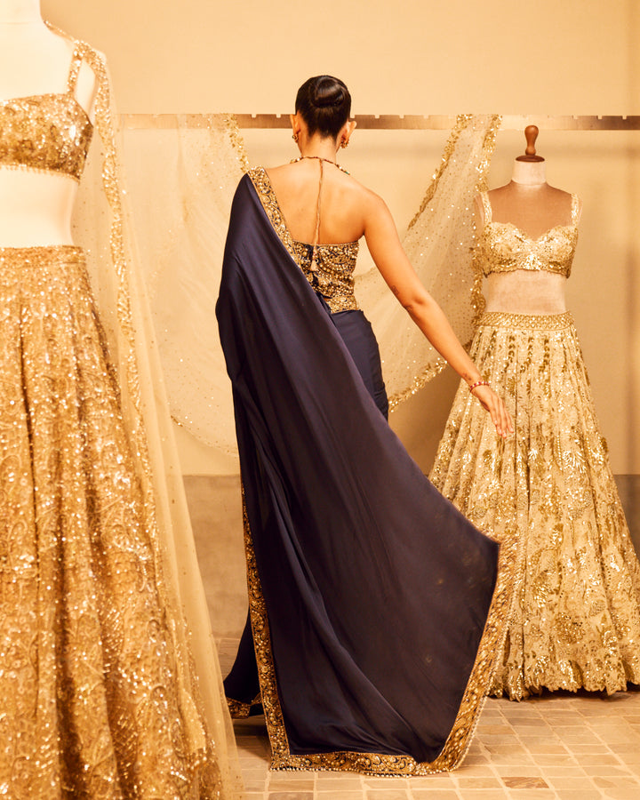 MIDNIGHT BLUE SATIN SAREE AND CORSET BLOUSE