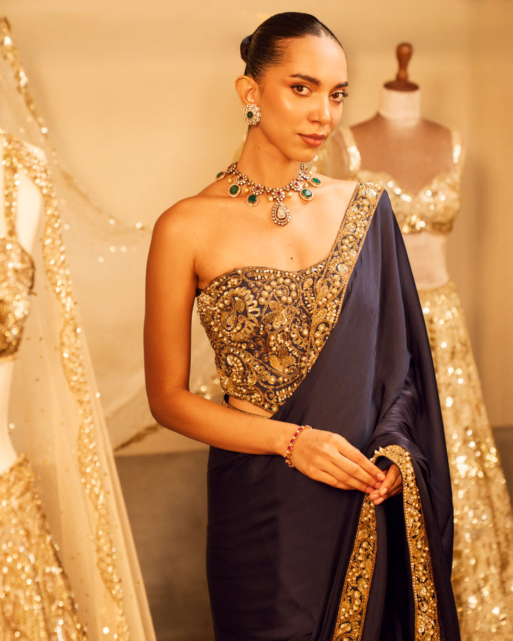 MIDNIGHT BLUE SATIN SAREE AND CORSET BLOUSE