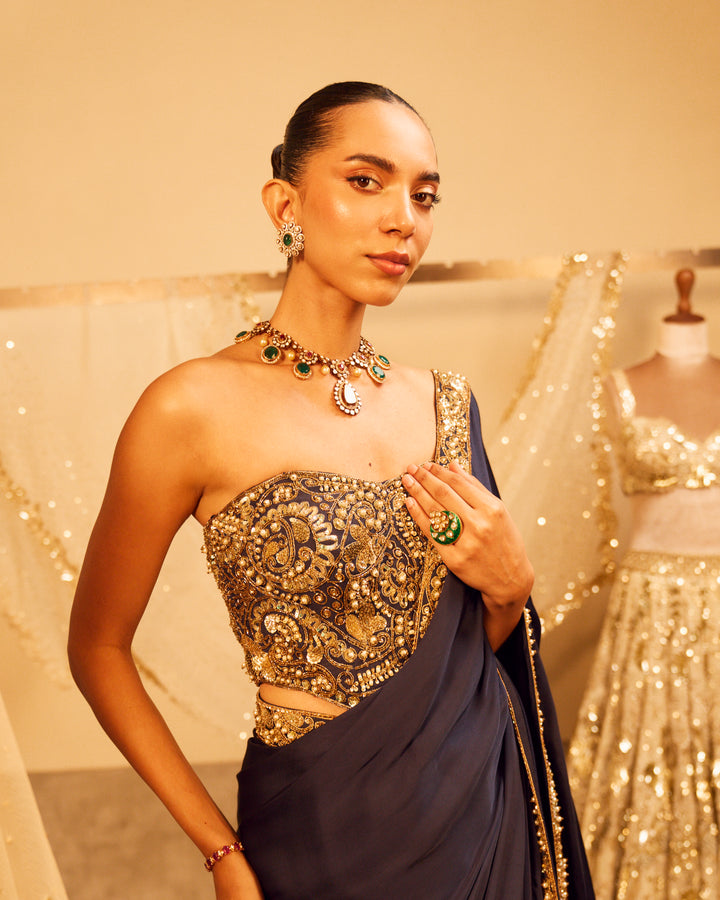 MIDNIGHT BLUE SATIN SAREE AND CORSET BLOUSE