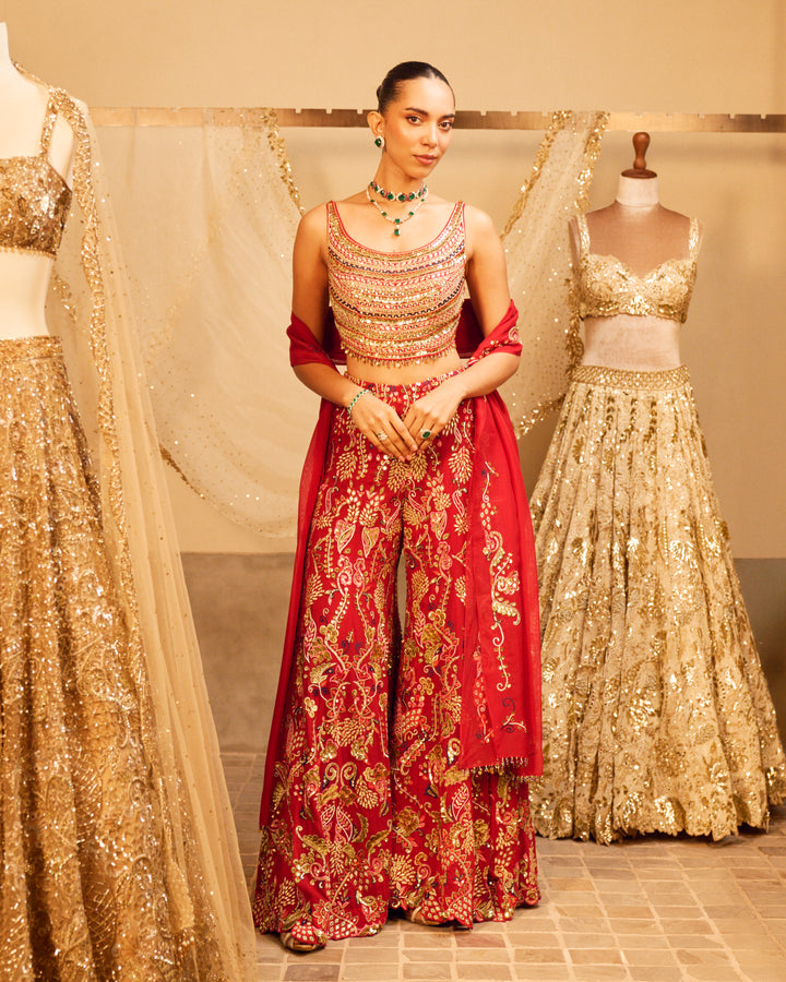 RED HIGH WAIST SHARARA SET WITH A DUPATTA