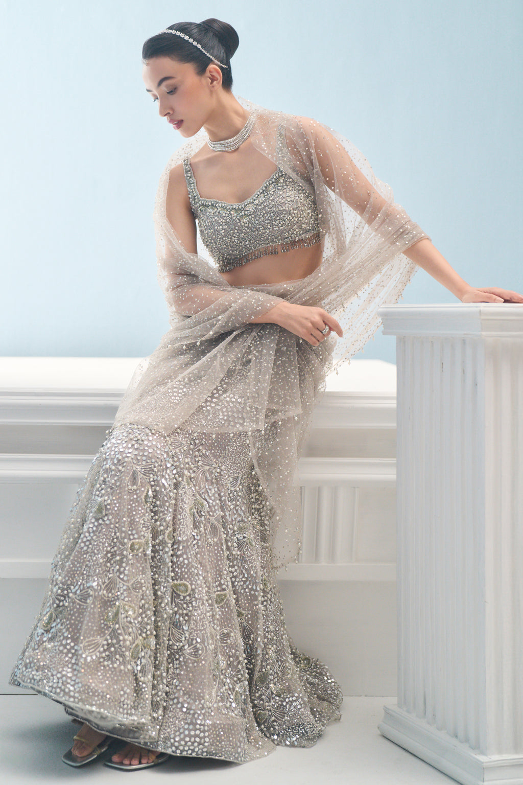 SILVER GREY TULLE  DRAPE LEHENGA SET