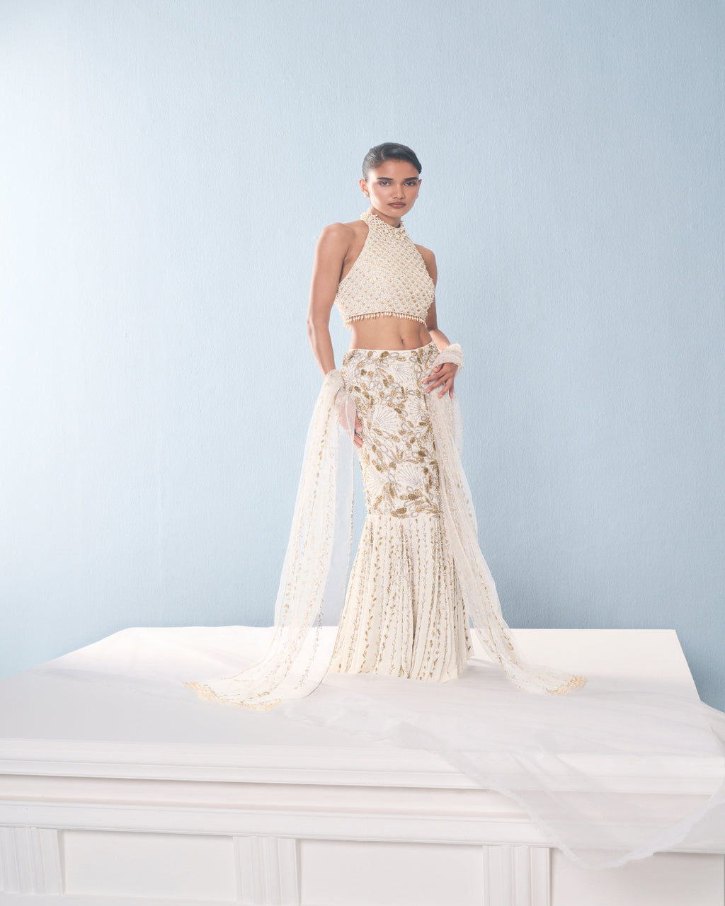 IVORY GEORGETTE  FIT AND FLARE LEHENGA SET