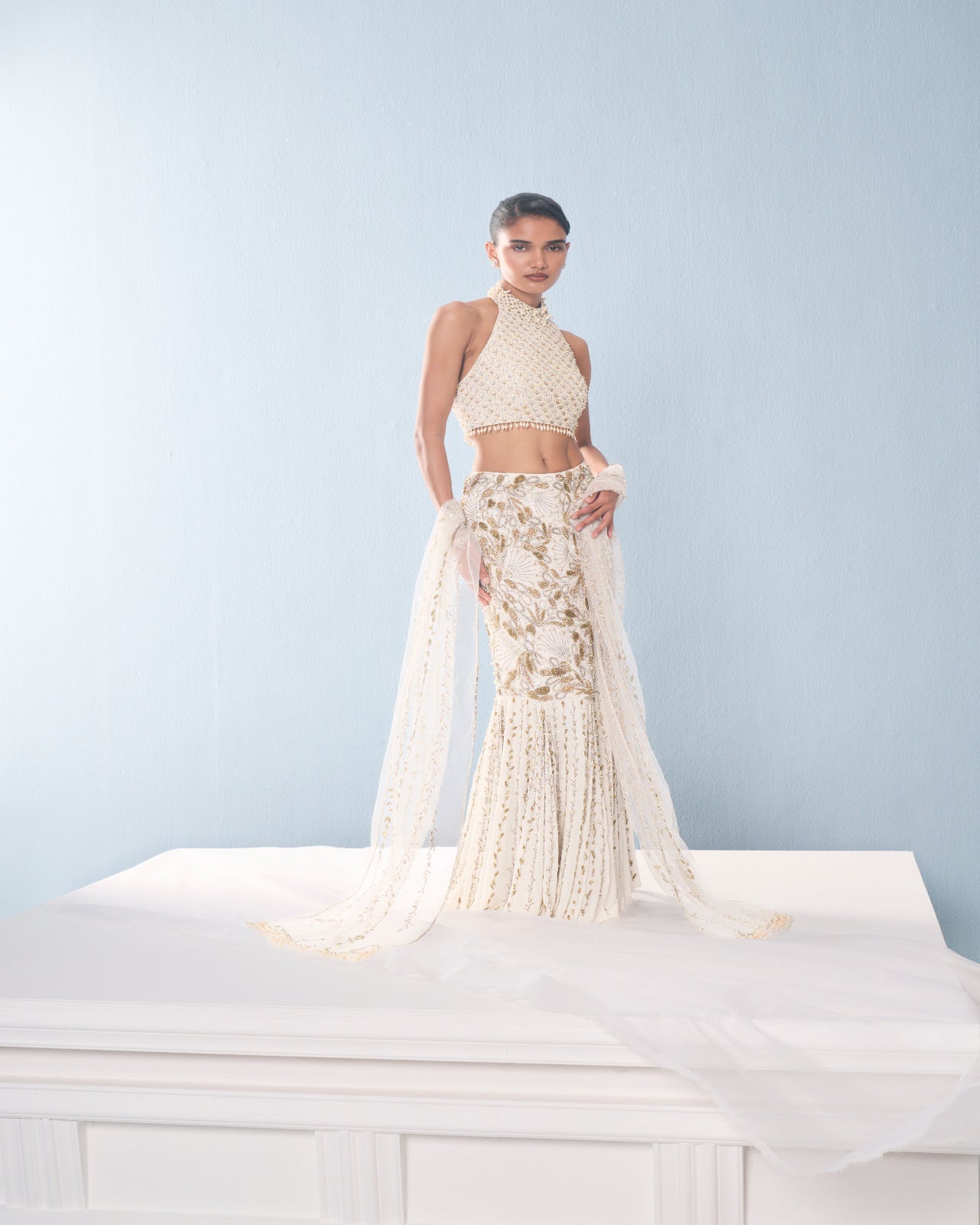 IVORY GEORGETTE  FIT AND FLARE LEHENGA SET