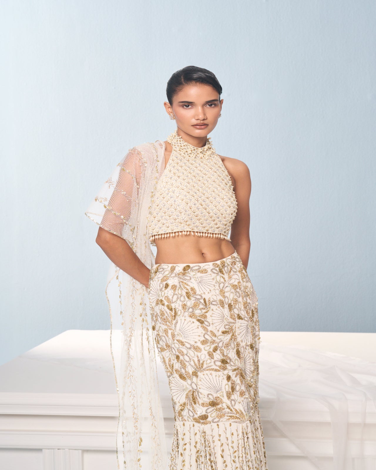 IVORY GEORGETTE  FIT AND FLARE LEHENGA SET
