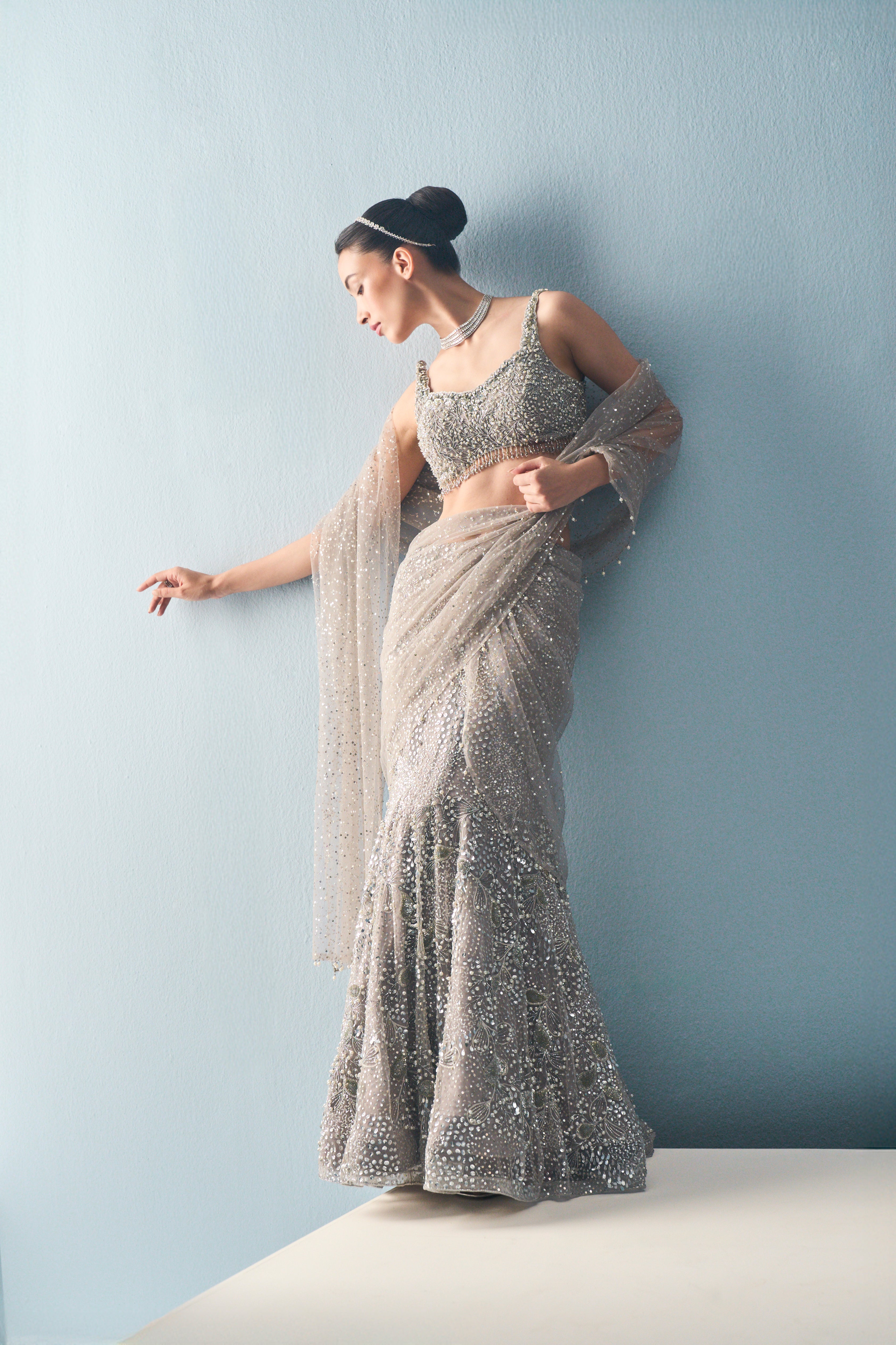 SILVER GREY TULLE  DRAPE LEHENGA SET