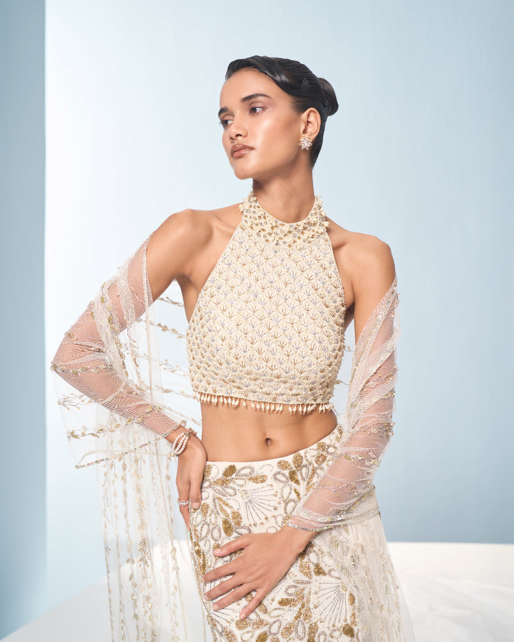 IVORY GEORGETTE  FIT AND FLARE LEHENGA SET