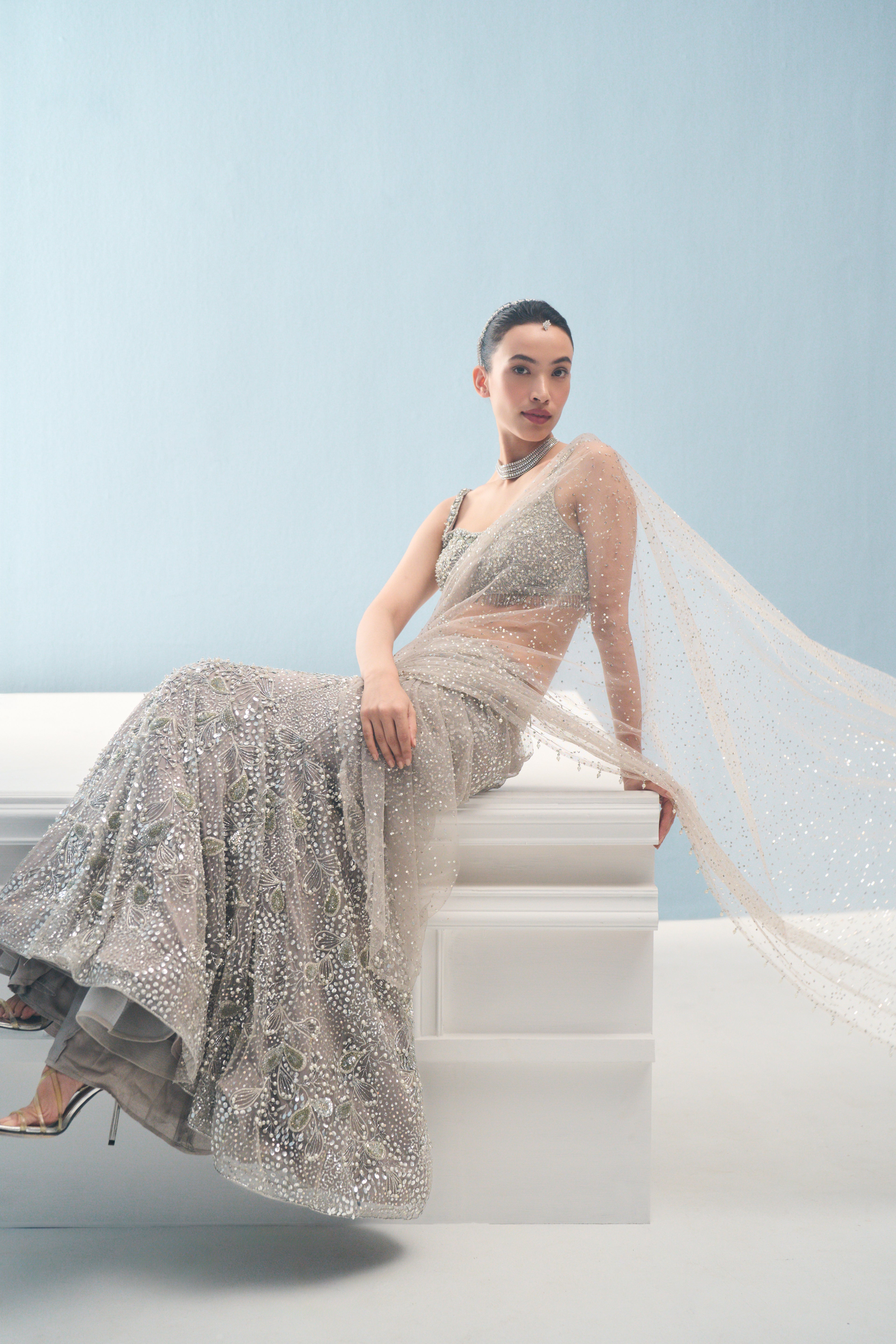 SILVER GREY TULLE  DRAPE LEHENGA SET