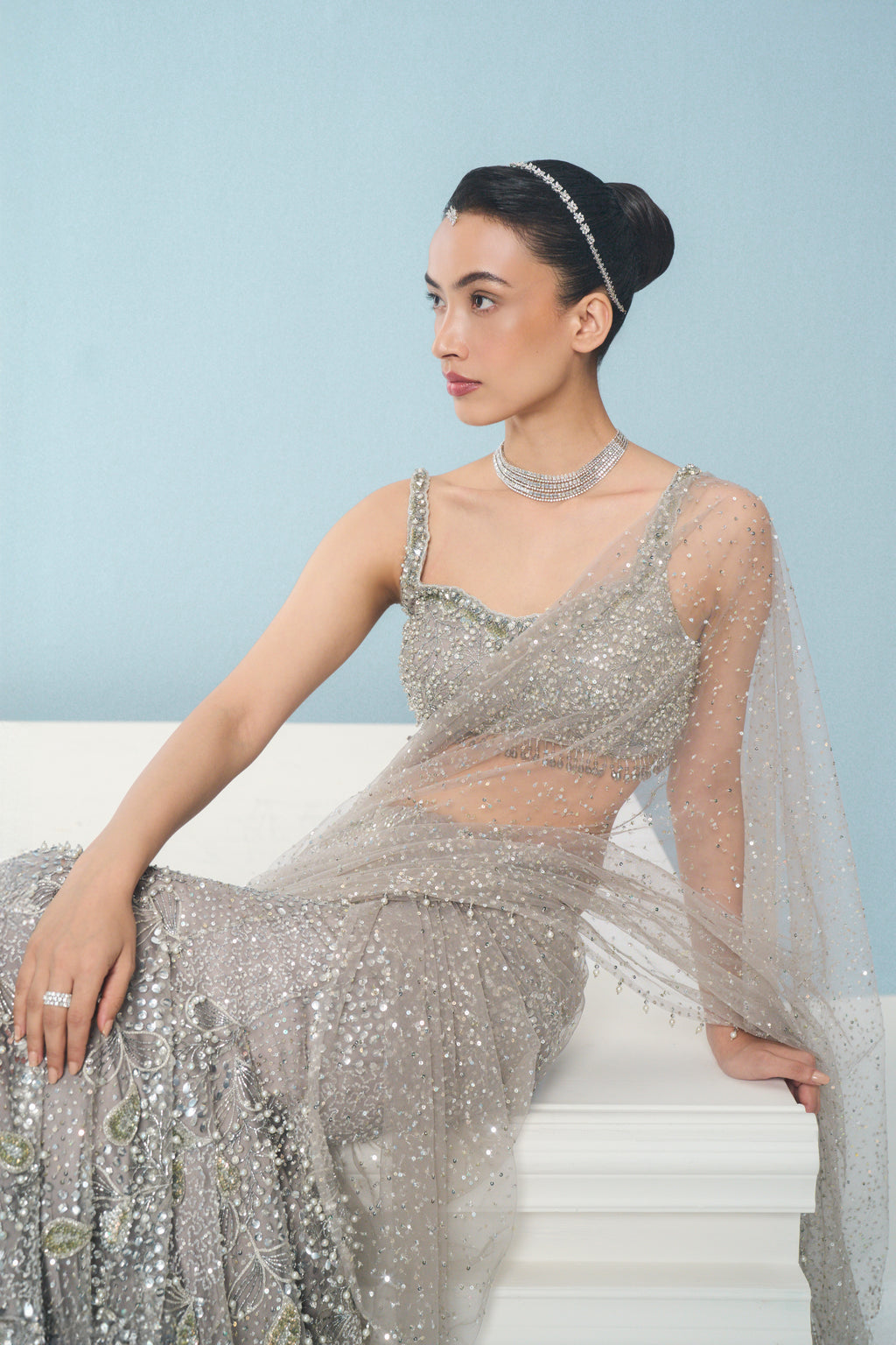 SILVER GREY TULLE  DRAPE LEHENGA SET