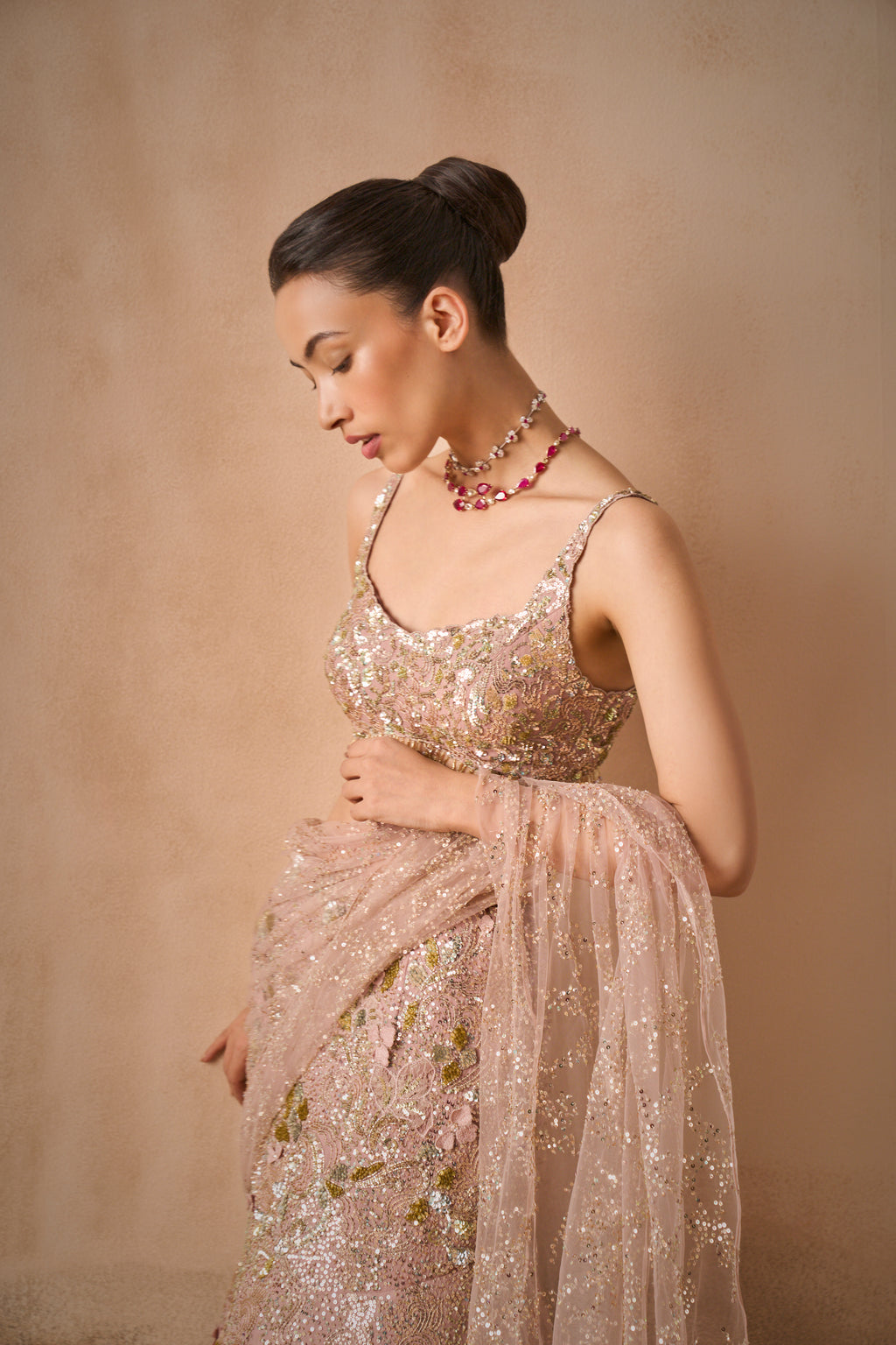 ROSE PINK GEORGETTE  SPARKLE DRAPE LEHENGA SET