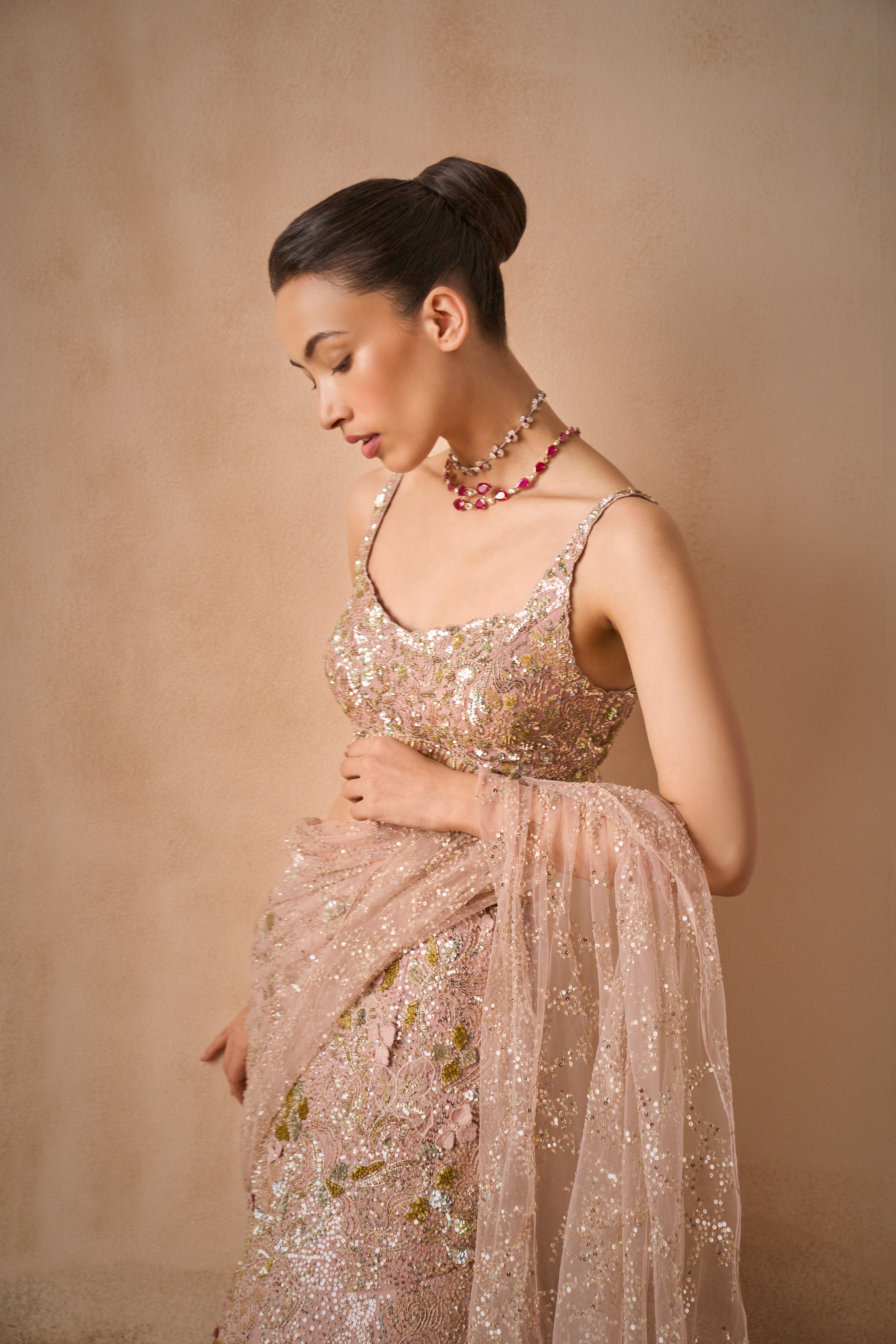 ROSE PINK GEORGETTE  SPARKLE DRAPE LEHENGA SET