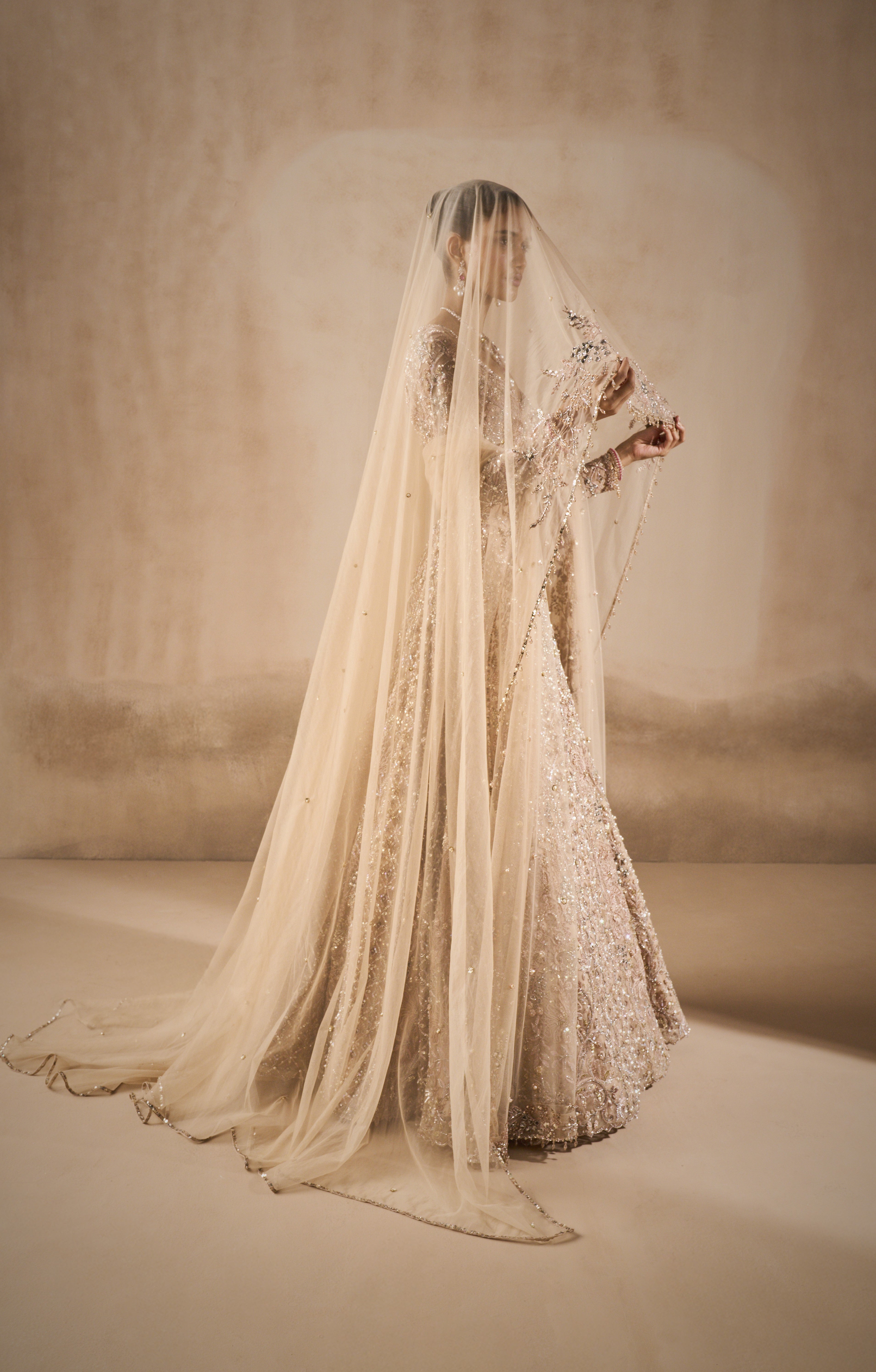 BEIGE NUDE TULLE LEHENGA SET