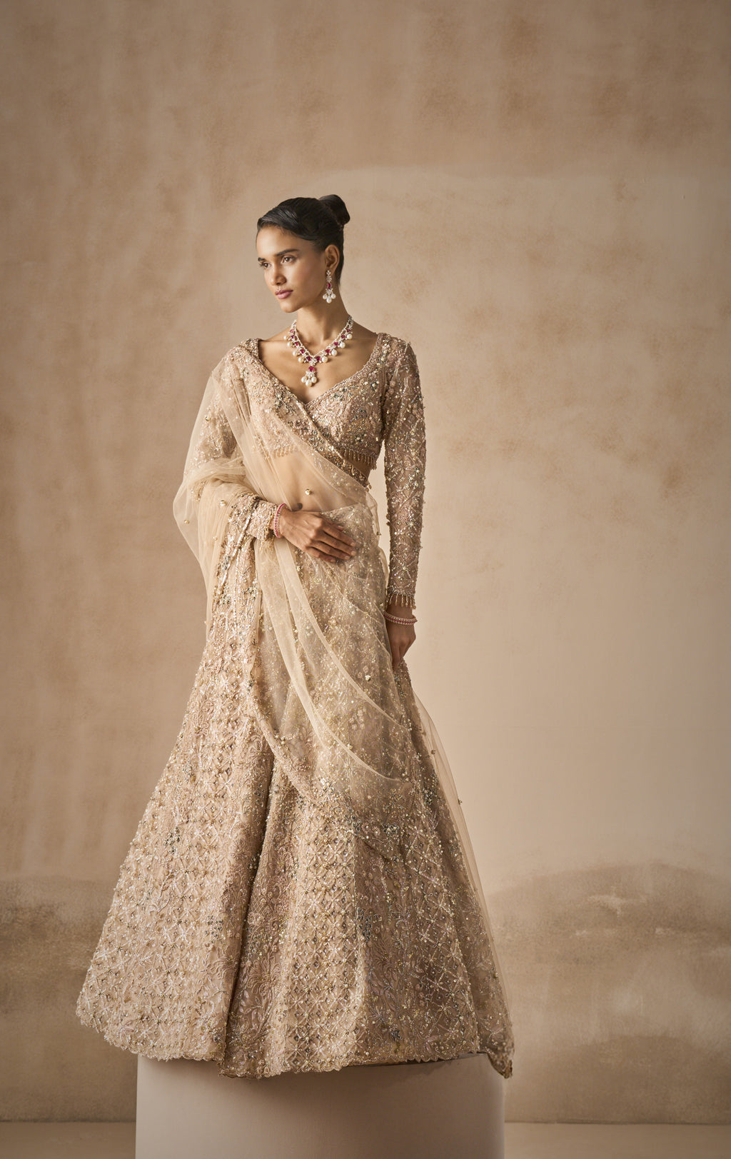 BEIGE NUDE TULLE LEHENGA SET
