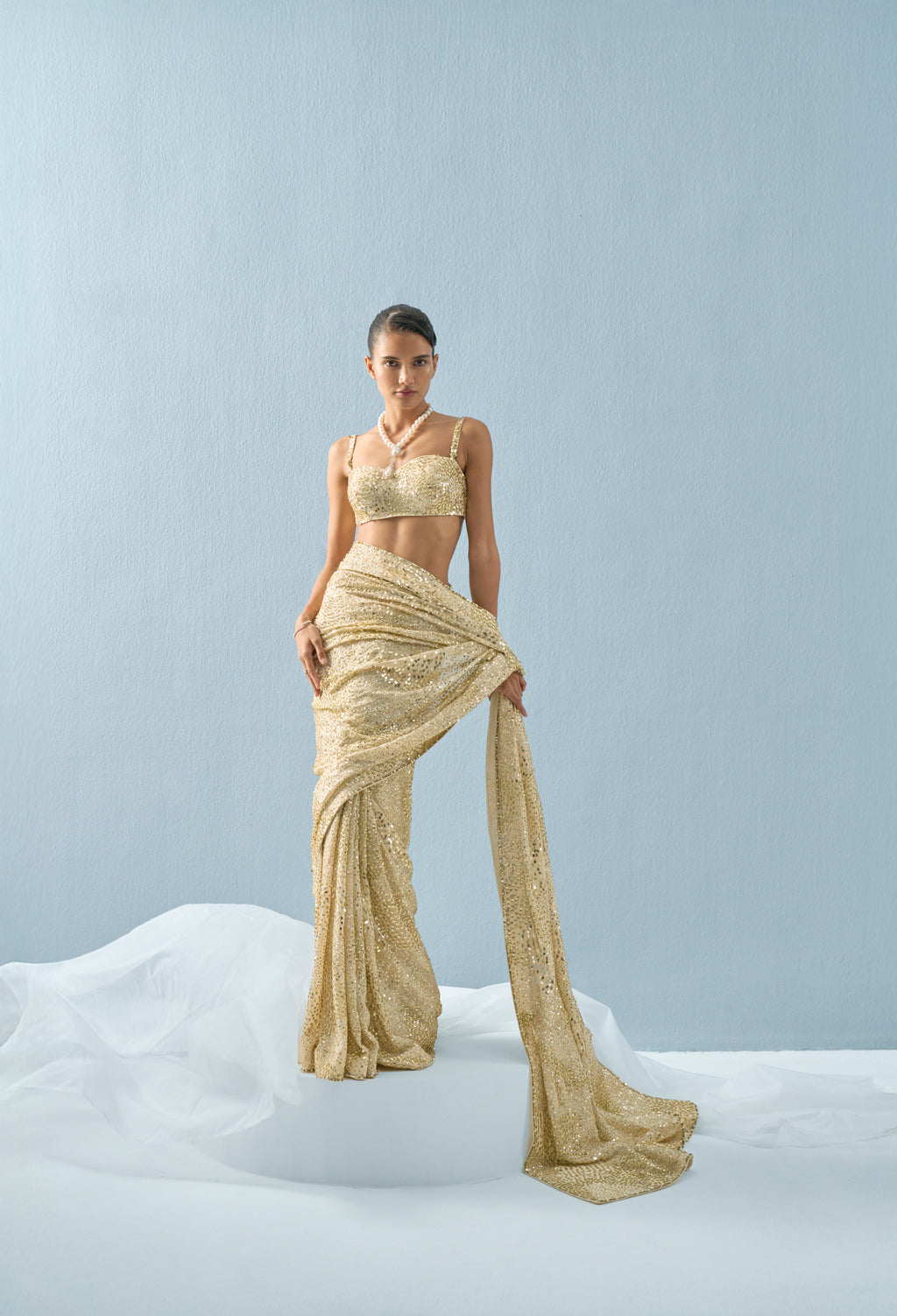 IVORY GEORGETTE SPARKLE SAREE SET