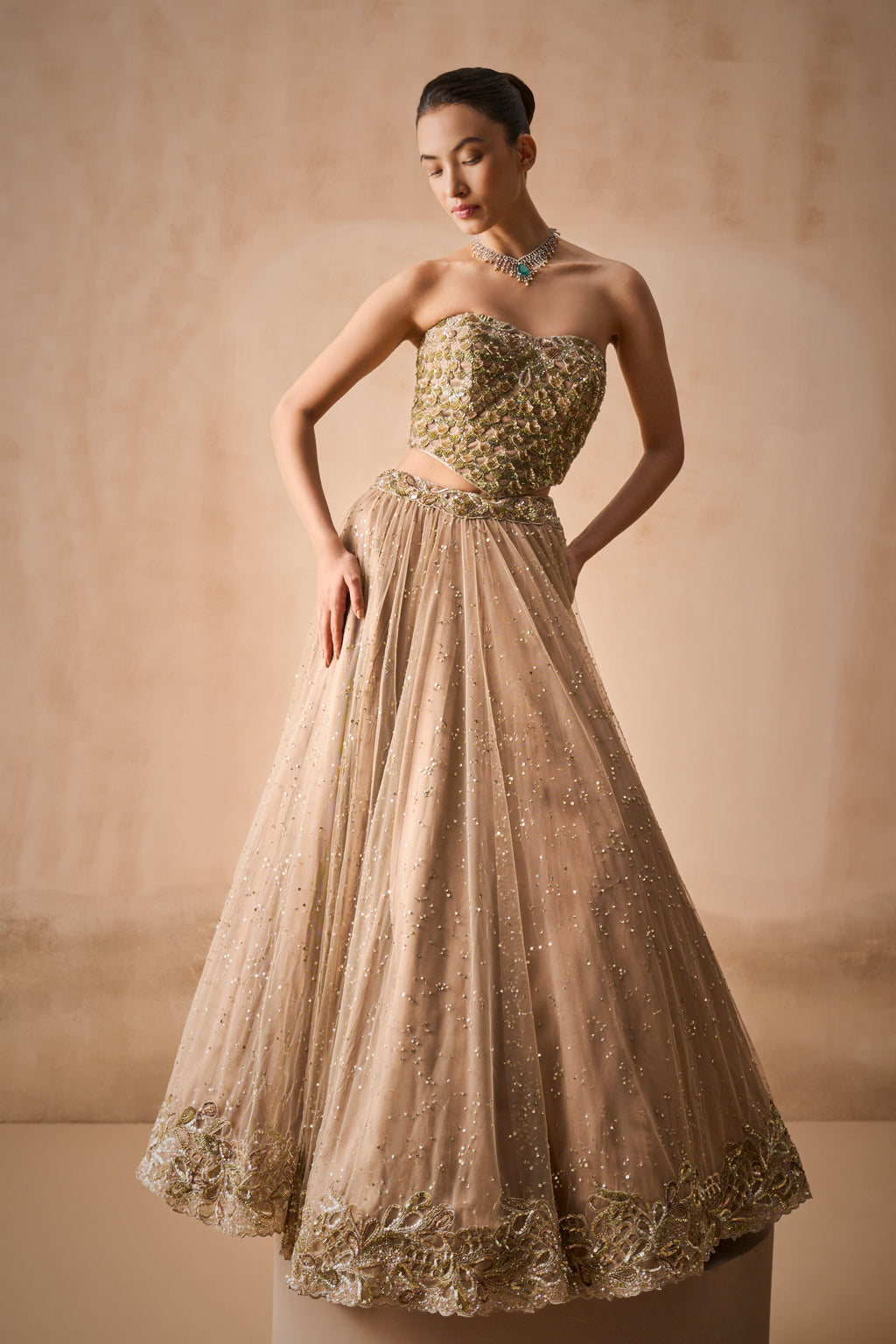 BISCUIT BROWN LEHENGA AND CORSET