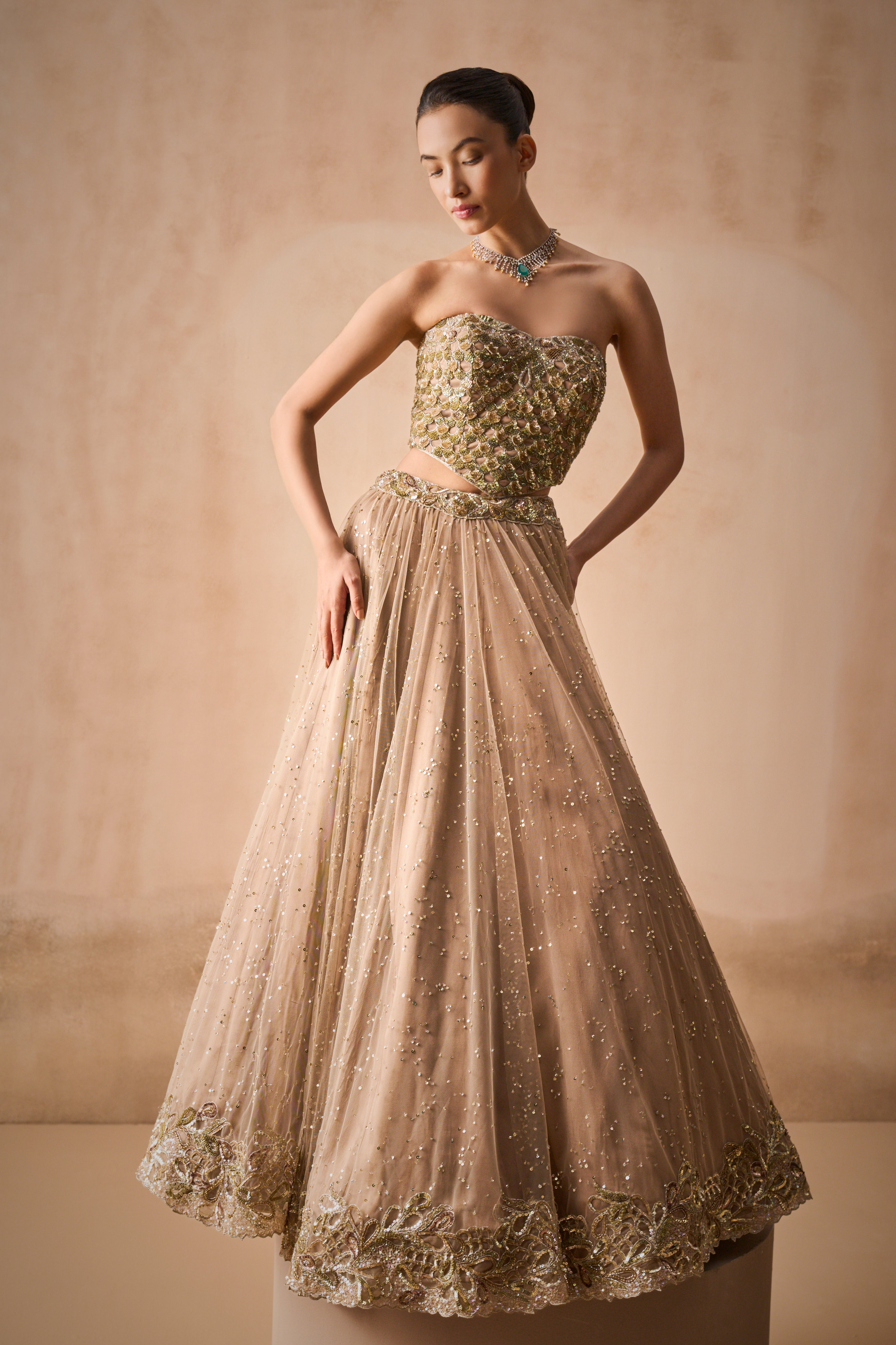 BISCUIT BROWN LEHENGA AND CORSET