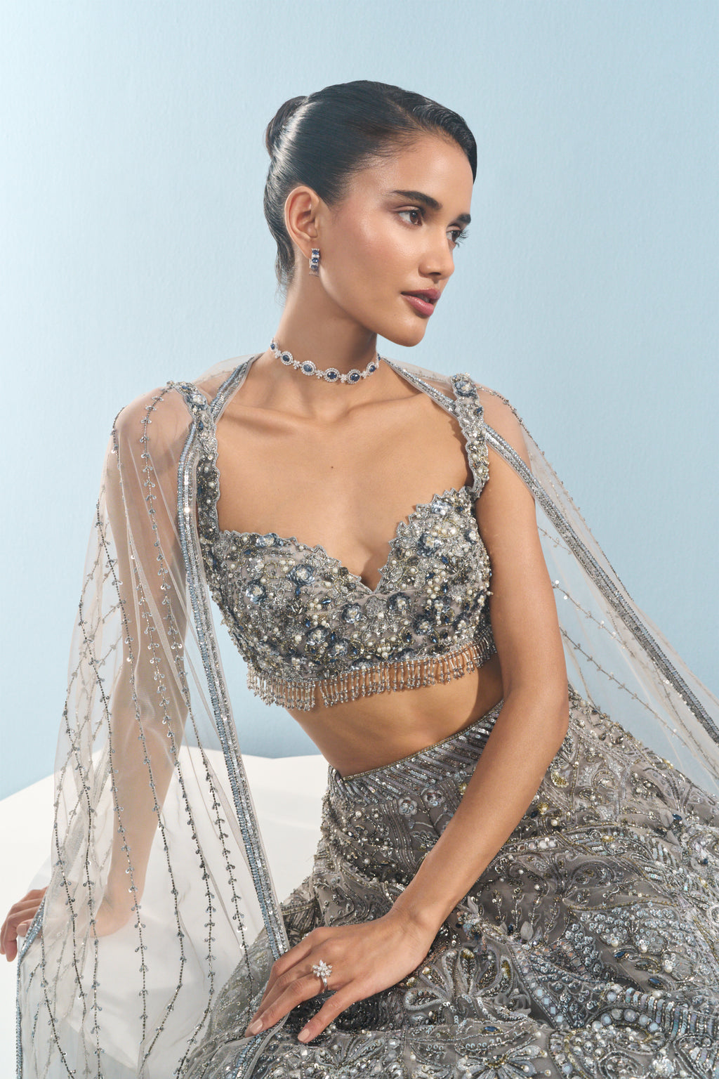 GREY TULLE LEHENGA SET