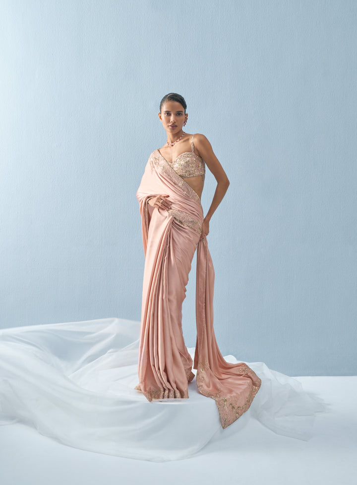 NUDE PINK SATIN SAREE SET