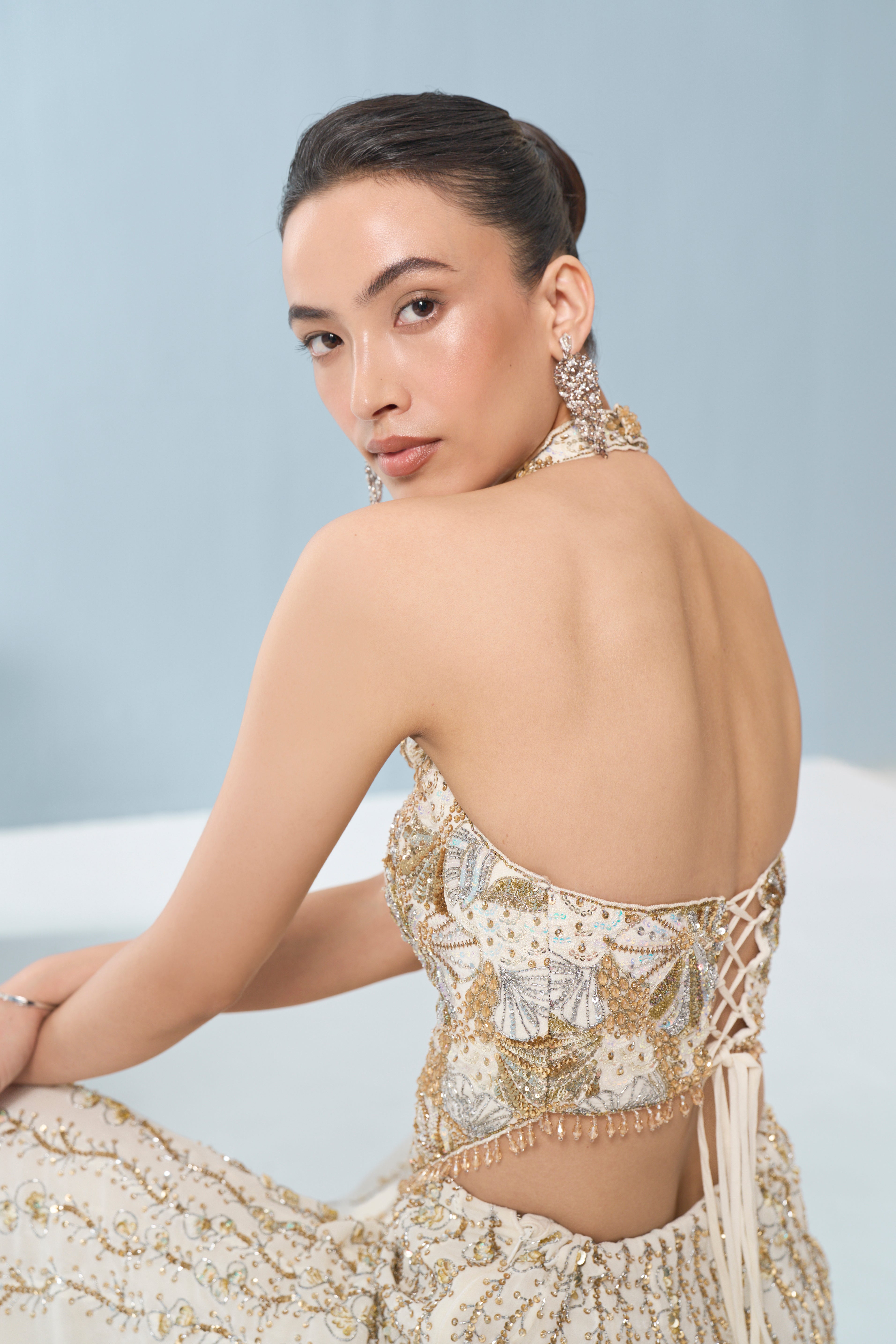 IVORY GEORGETTE HIGH WAIST SHARARA AND CORSET