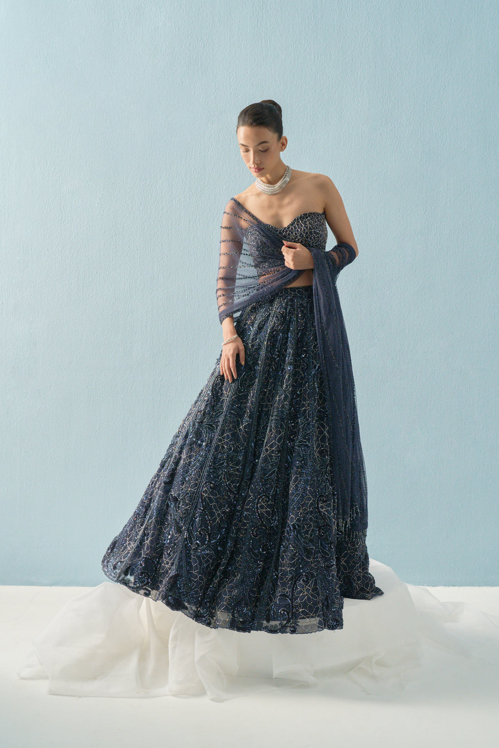 NAVY BLUE TULLE LEHENGA SET