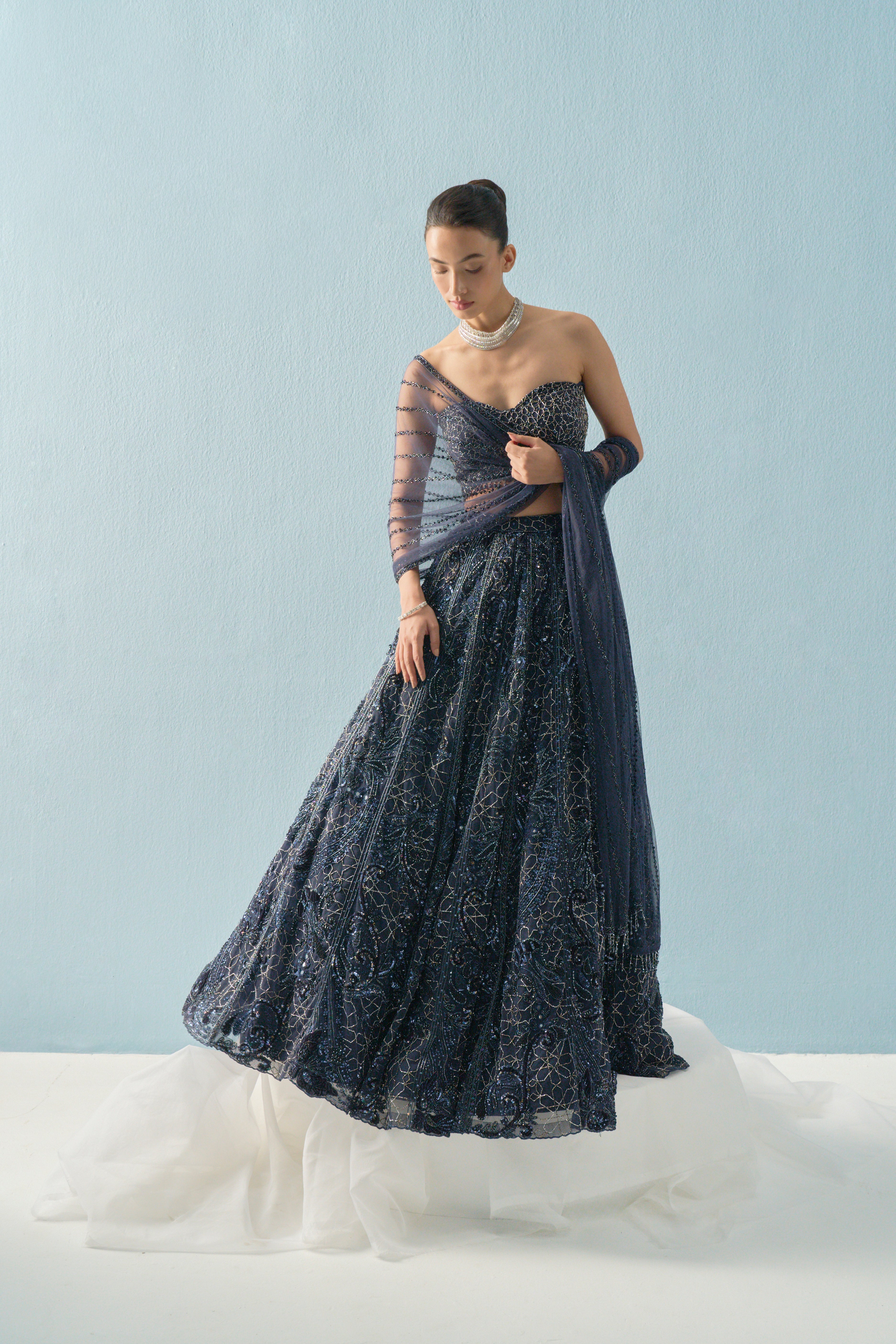 NAVY BLUE TULLE LEHENGA SET