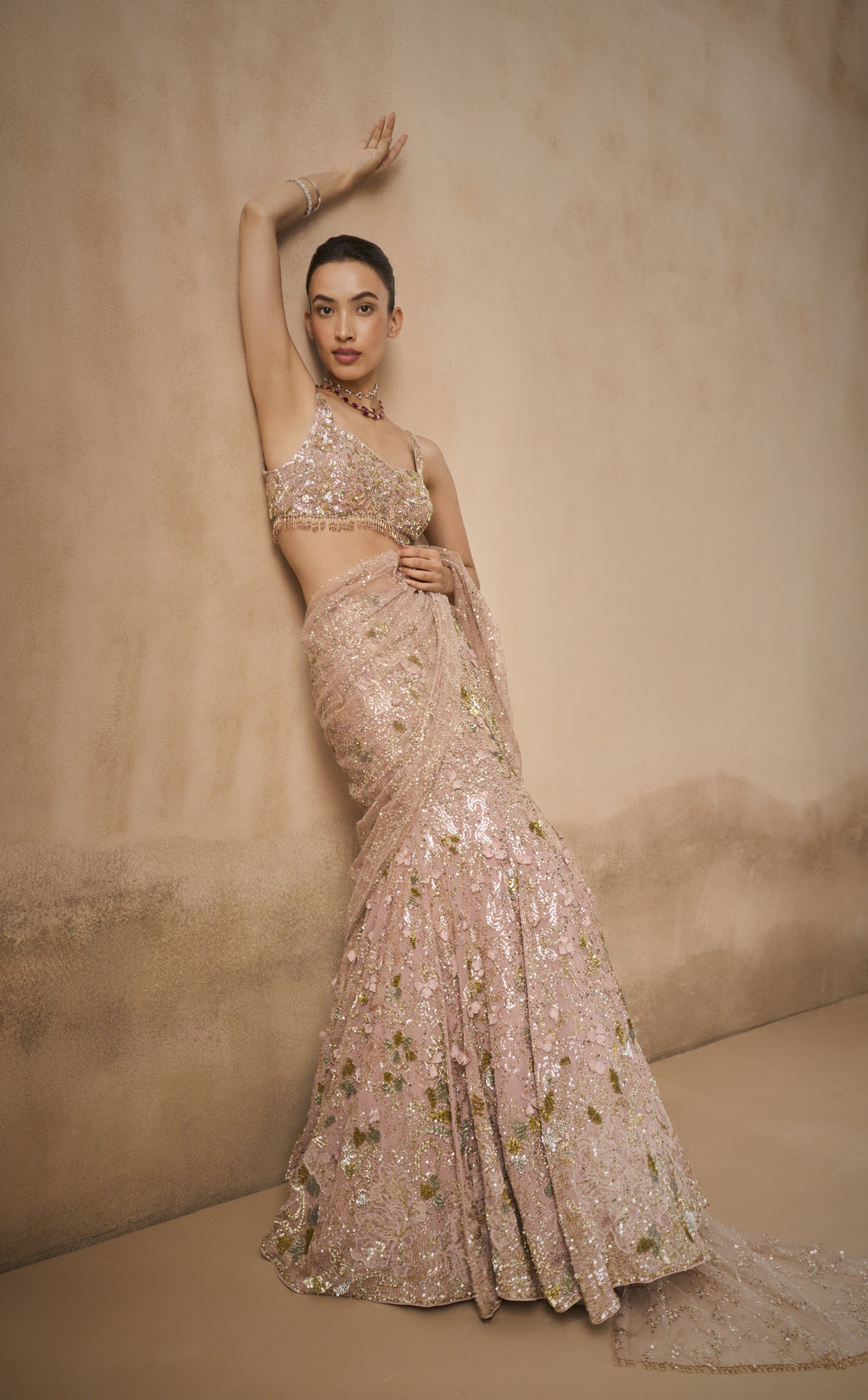 ROSE PINK GEORGETTE  SPARKLE DRAPE LEHENGA SET