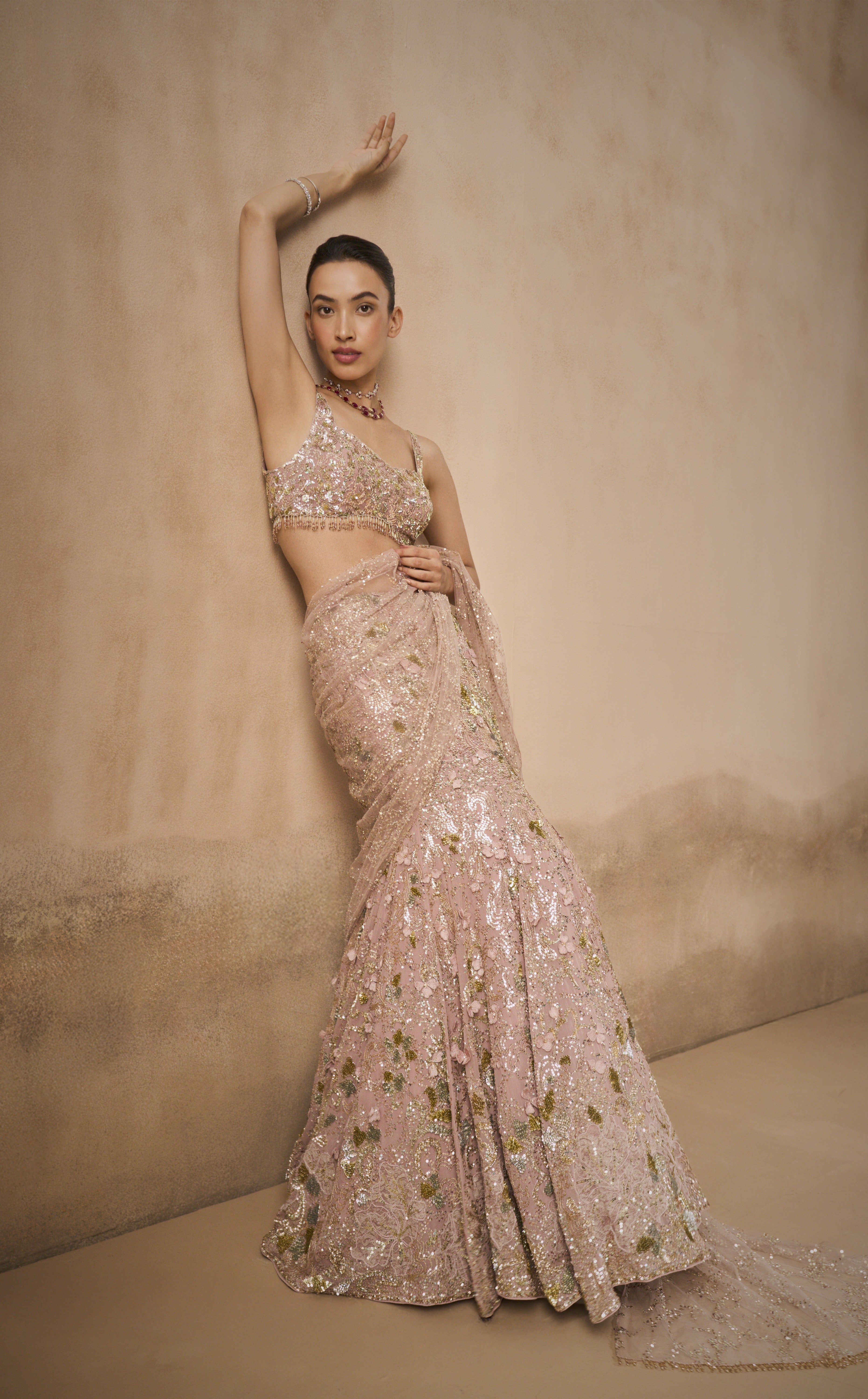 ROSE PINK GEORGETTE  SPARKLE DRAPE LEHENGA SET