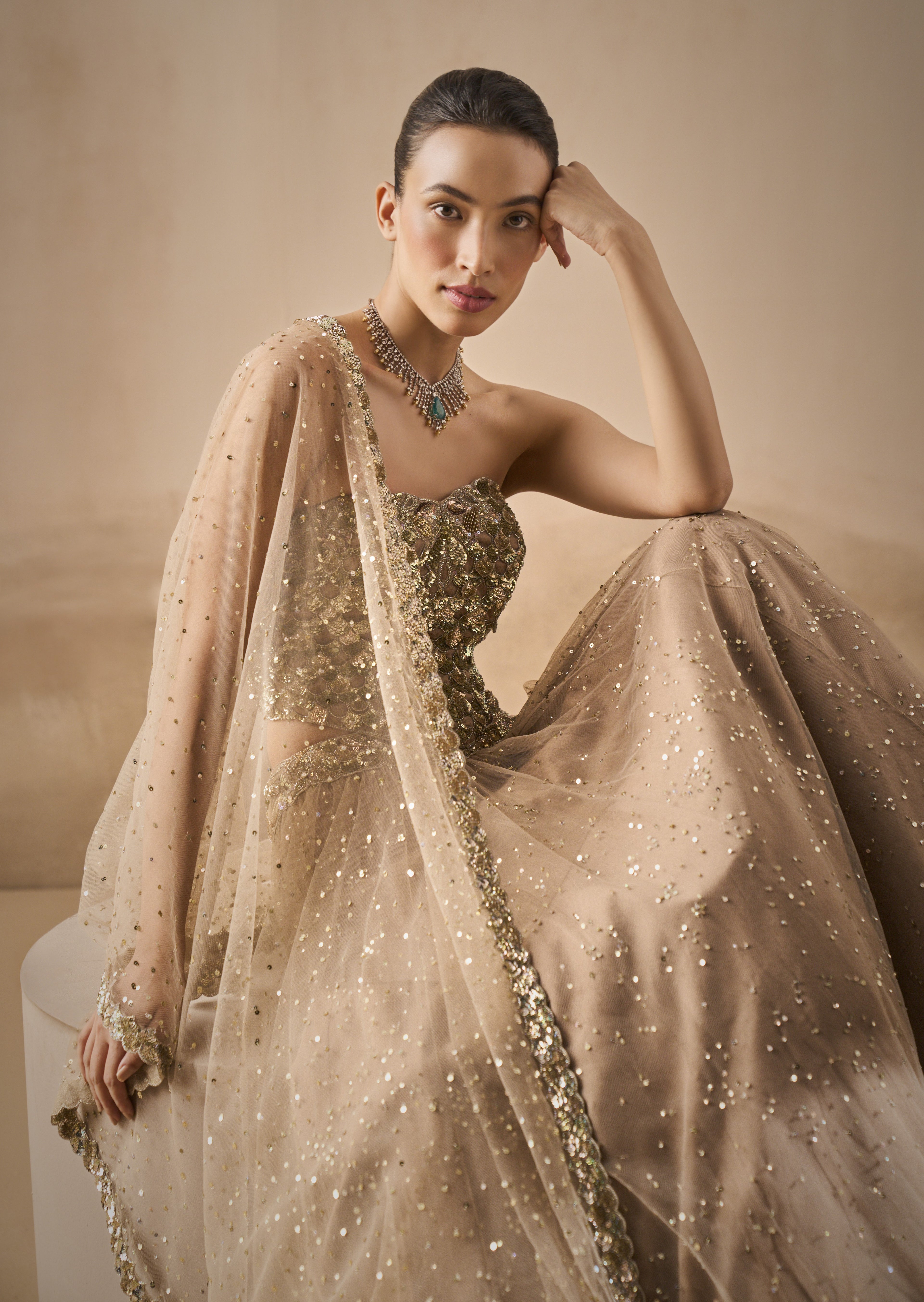 BISCUIT BROWN LEHENGA AND CORSET